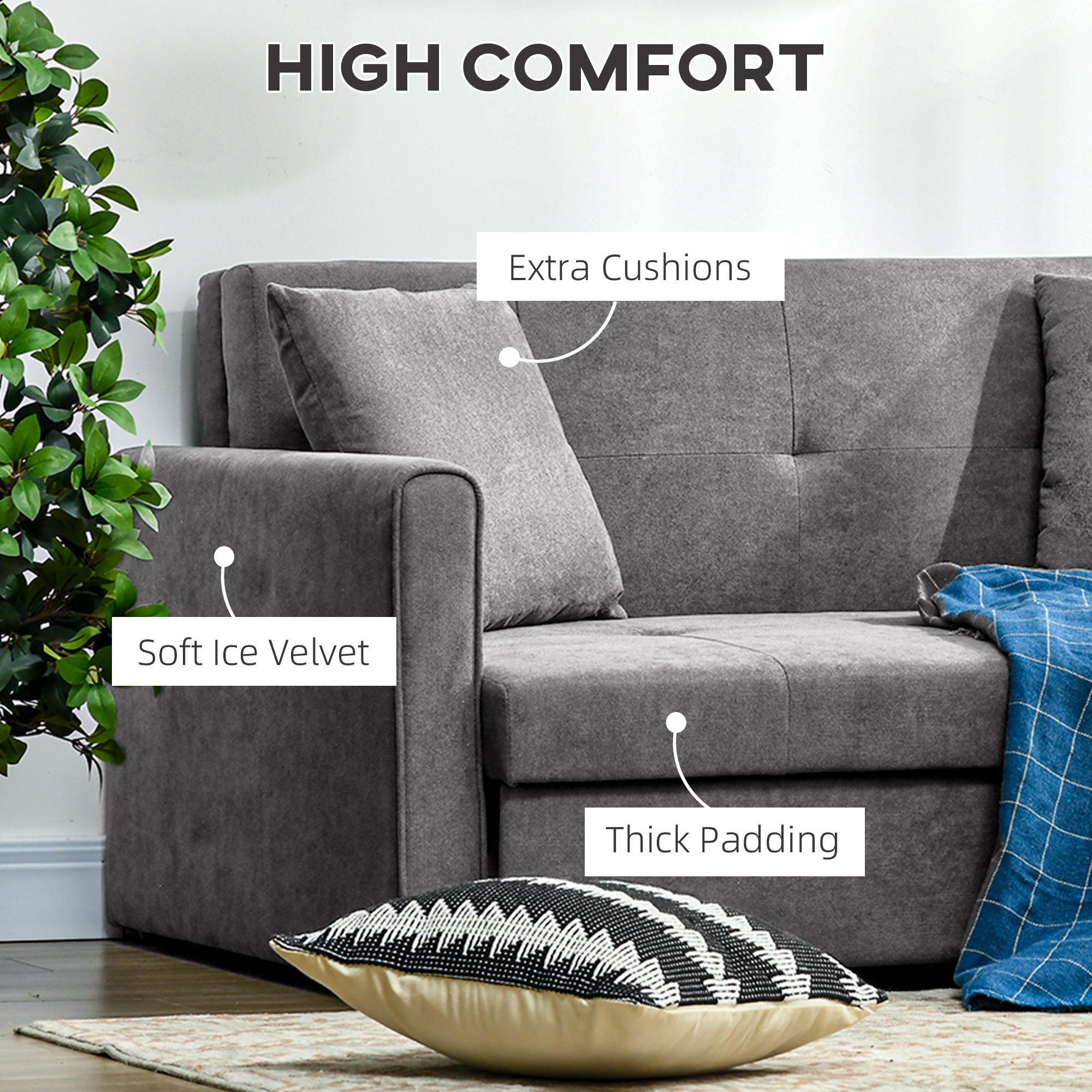 HOMCOM 2 Seater Sofa Bed, Convertible Bed Settee, Modern Velvet Loveseat Sofa Couch with 2 Cushions, Hidden Storage for Living Room, Guest Room, Grey