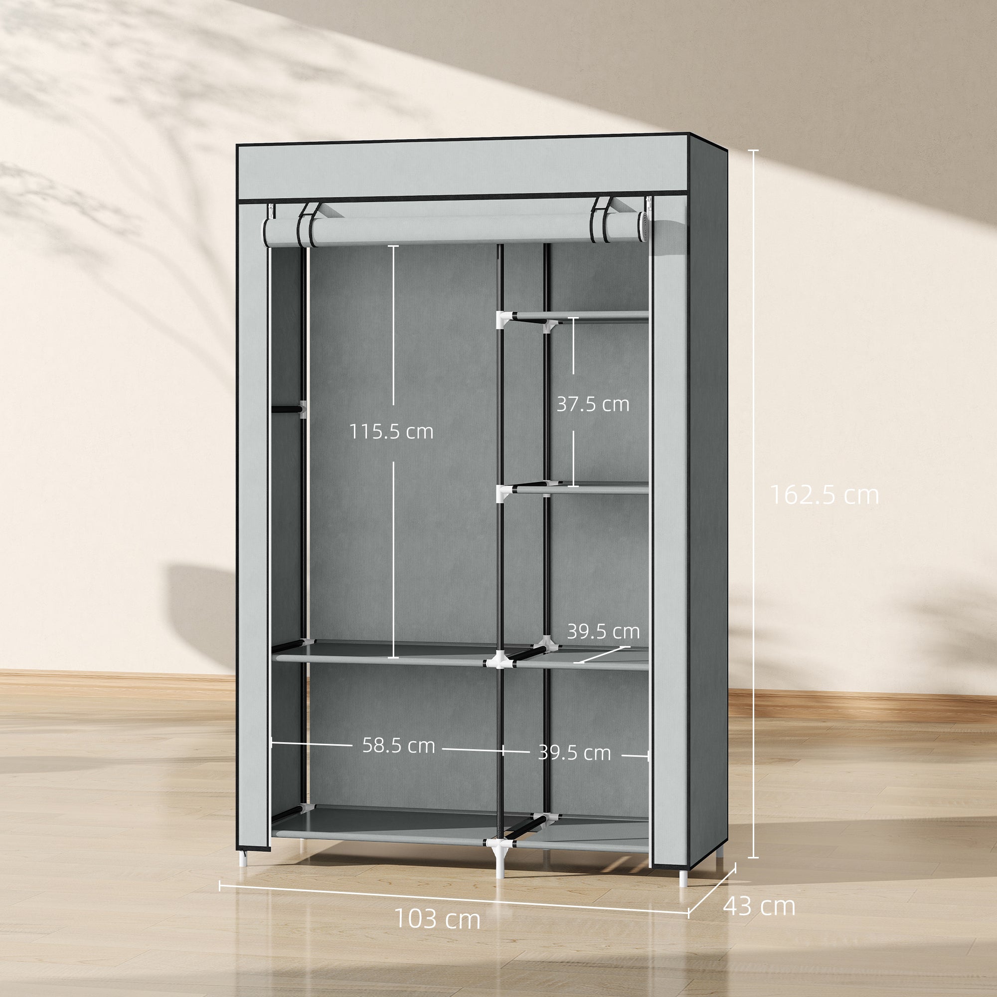 HOMCOM Fabric Wardrobe, Portable Wardrobe with 6 Shelves, 1 Hanging Rail, Foldable Closets, 103 x 43 x 162.5 cm, Light Grey