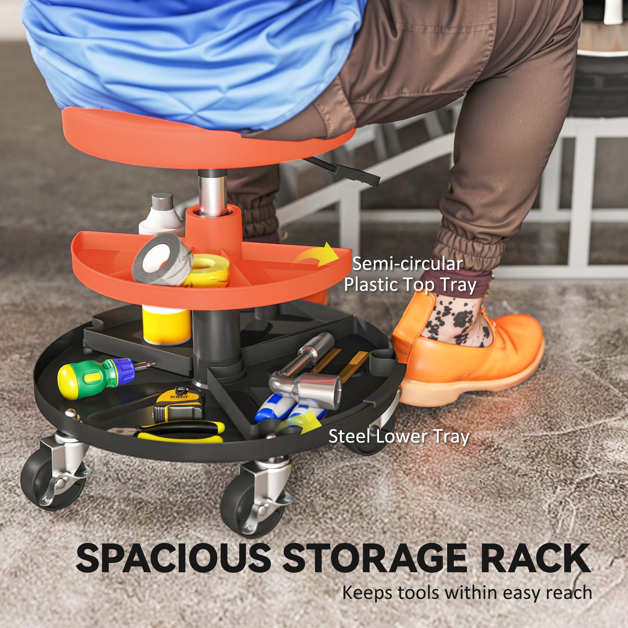 HOMCOM Rolling Mechanic Stool, 135kg Capacity Workshop Stool, 360√Ç¬∞ Swivel Roller Padded Creeper Seat with Wheels, Tool Trays Storage for Garage, Shop, Auto Repair, Yellow