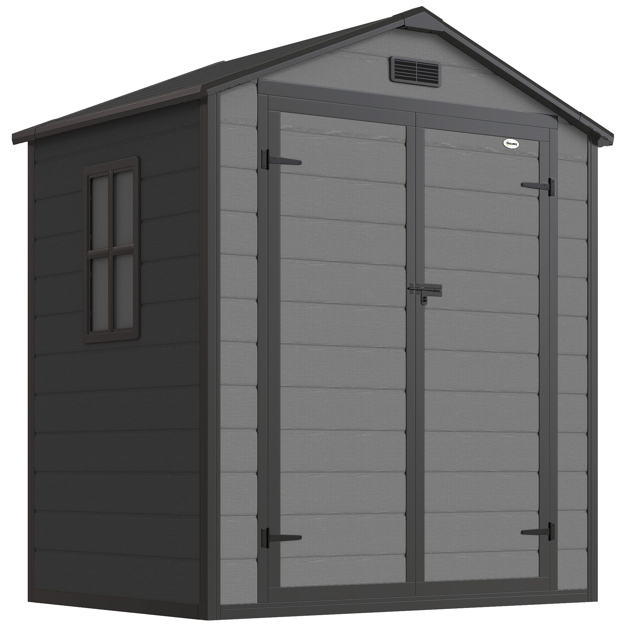 Outsunny 6'x4.5' Garden Storage Shed, Lockable Garden Shed with Double Doors, Window, Vent and Plastic Roof, Dark Grey