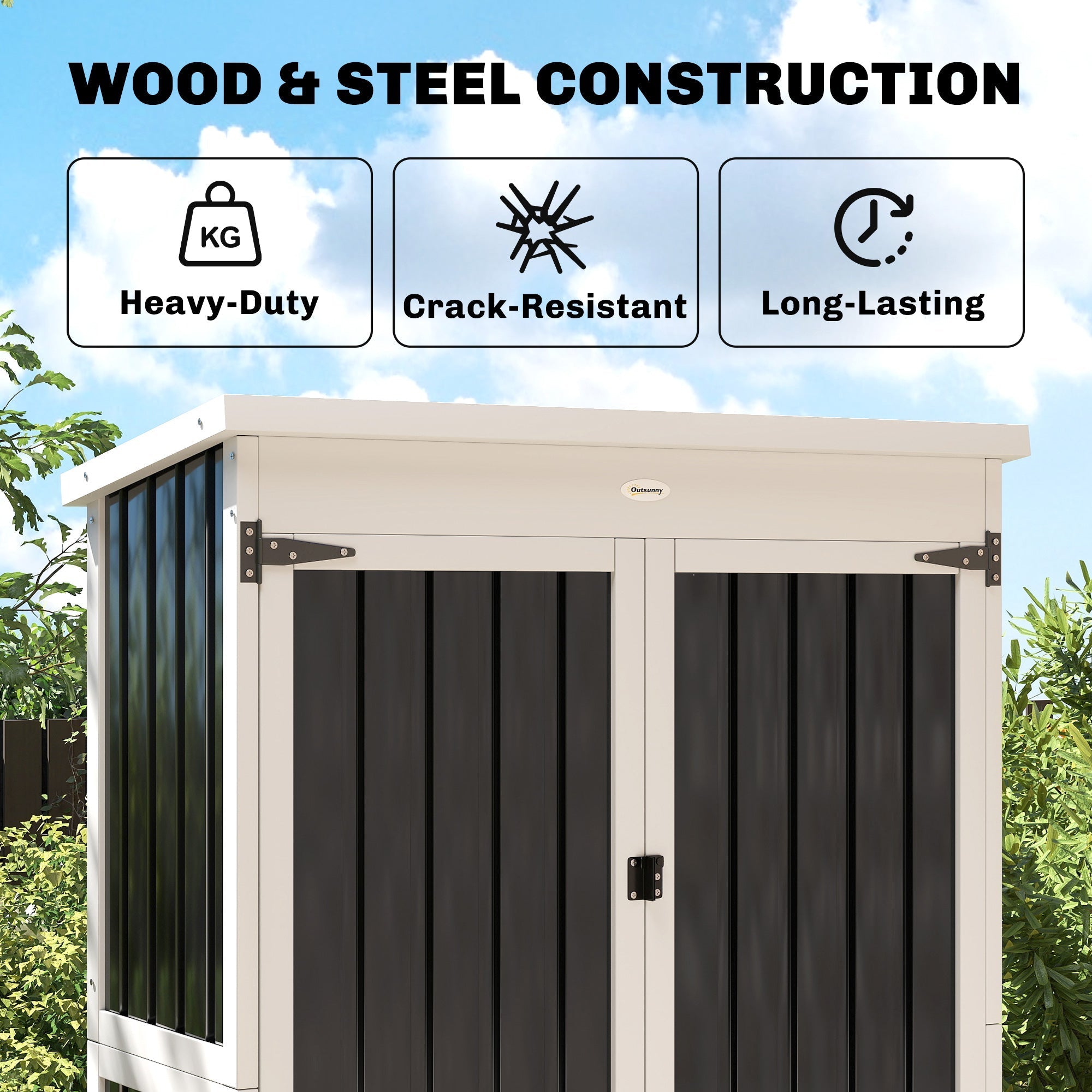 Outsunny Outdoor Storage Cabinet with Removable Shelves, Garden Tool Shed with Asphalt Roof, White and Black
