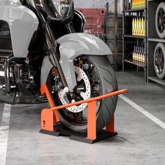 HOMCOM Motorcycle Wheel Chock, 816.5 kg Capacity Heavy Duty Steel Motorcycle Front Wheel Chock Holder with 3 Height Adjustable Holes, Fits 381-533.4 mm Wheels, Orange