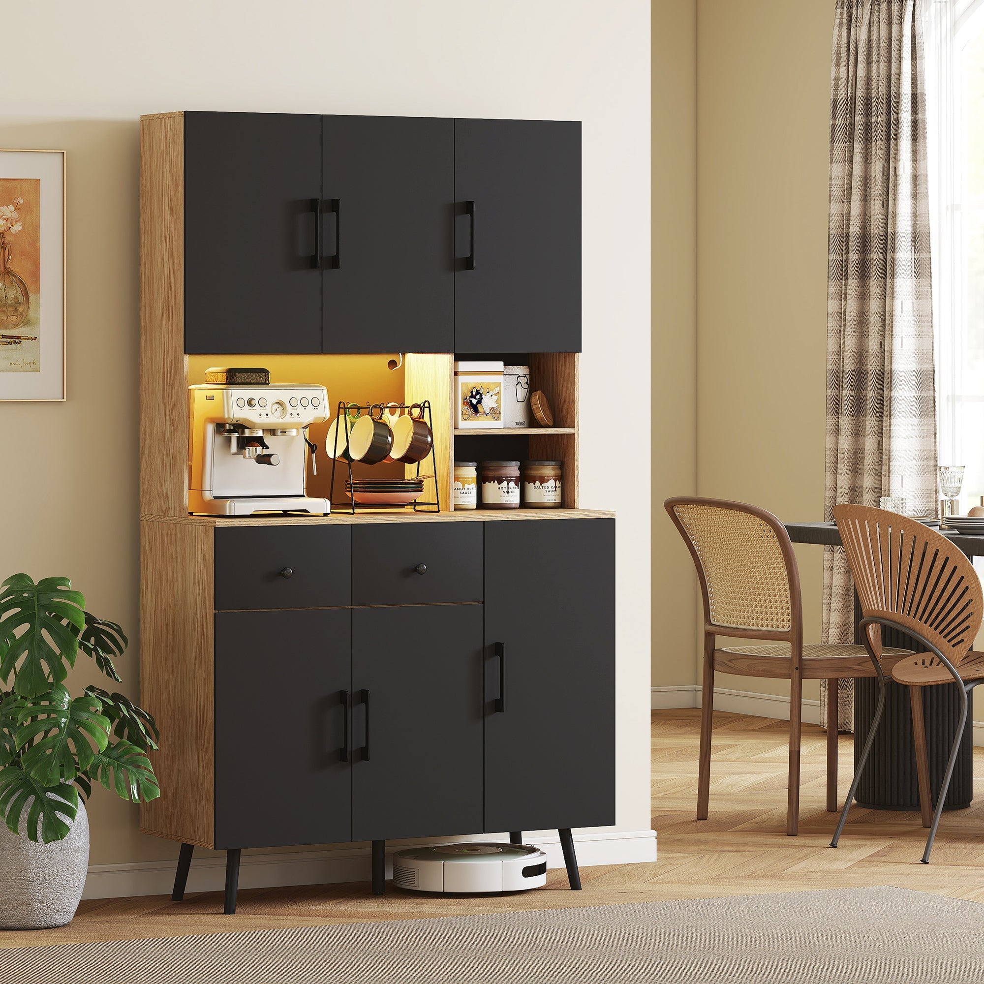 HOMCOM 176 cm Kitchen Cupboard with LED Lights - Oak and Black