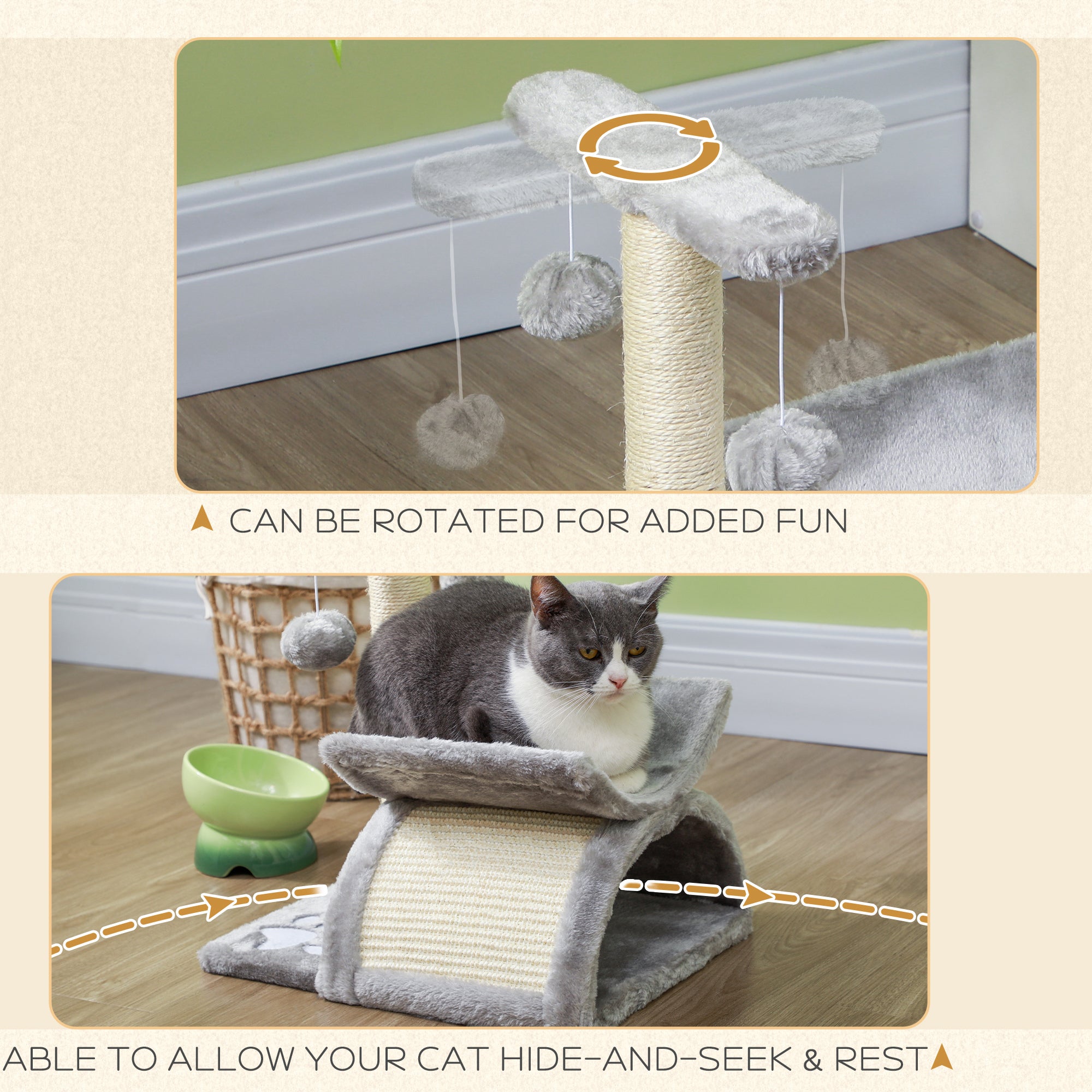 PawHut Cat Tree, Cat Tower for Kittens with Rotatable Top Bar, Sisal Scratching Post, Tunnel, Dangling Balls - Grey