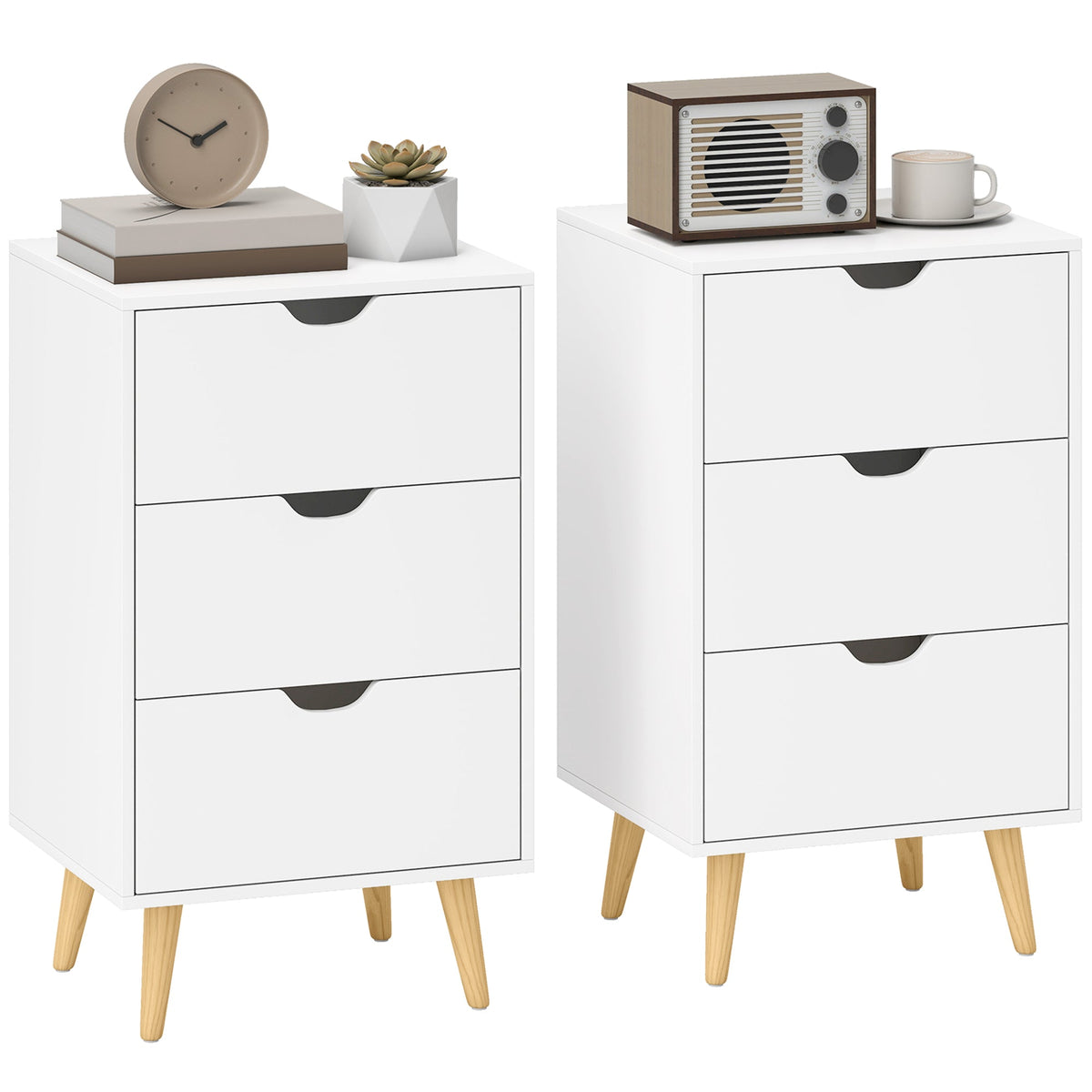 HOMCOM Set of 2 Bedside Tables, Modern Nightstand Side End Table with 3 Storage Drawers and Solid Pine Wood Legs for Bedroom Living Room Entryway, White