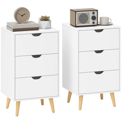 HOMCOM Set of 2 Bedside Tables, Modern Nightstand Side End Table with 3 Storage Drawers and Solid Pine Wood Legs for Bedroom Living Room Entryway, White