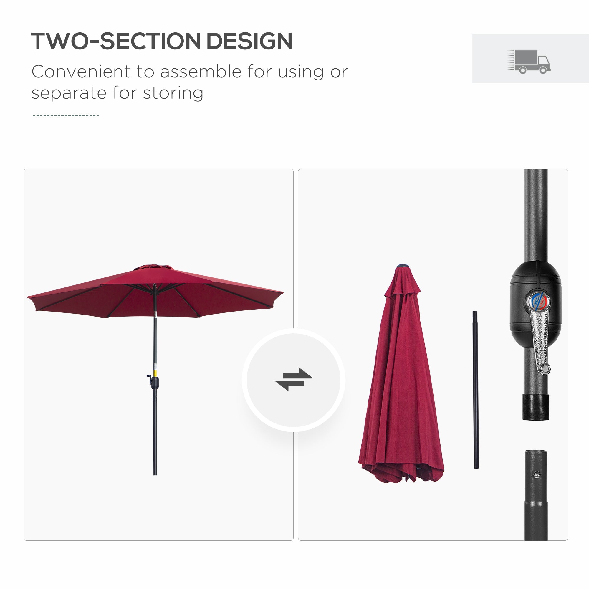 Outsunny 3(m) Tilting Parasol Garden Umbrellas, Outdoor Sun Shade with 8 Ribs, Tilt and Crank Handle for Balcony, Bench, Garden, Wine Red