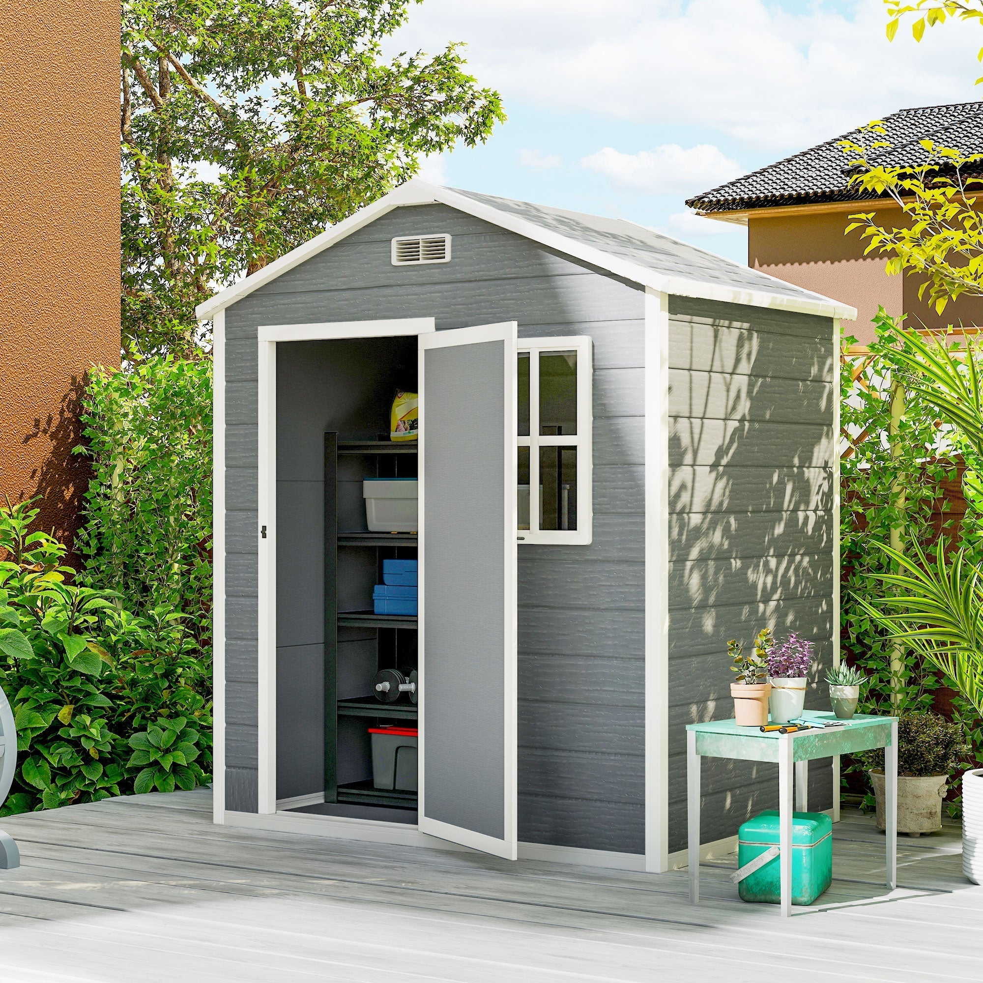 Outsunny 6 x 4ft Garden Shed, Plastic Shed with Floor, Window, Lockable Door and Vents, Wood Effect Resin Tool Shed for Outdoor, Grey