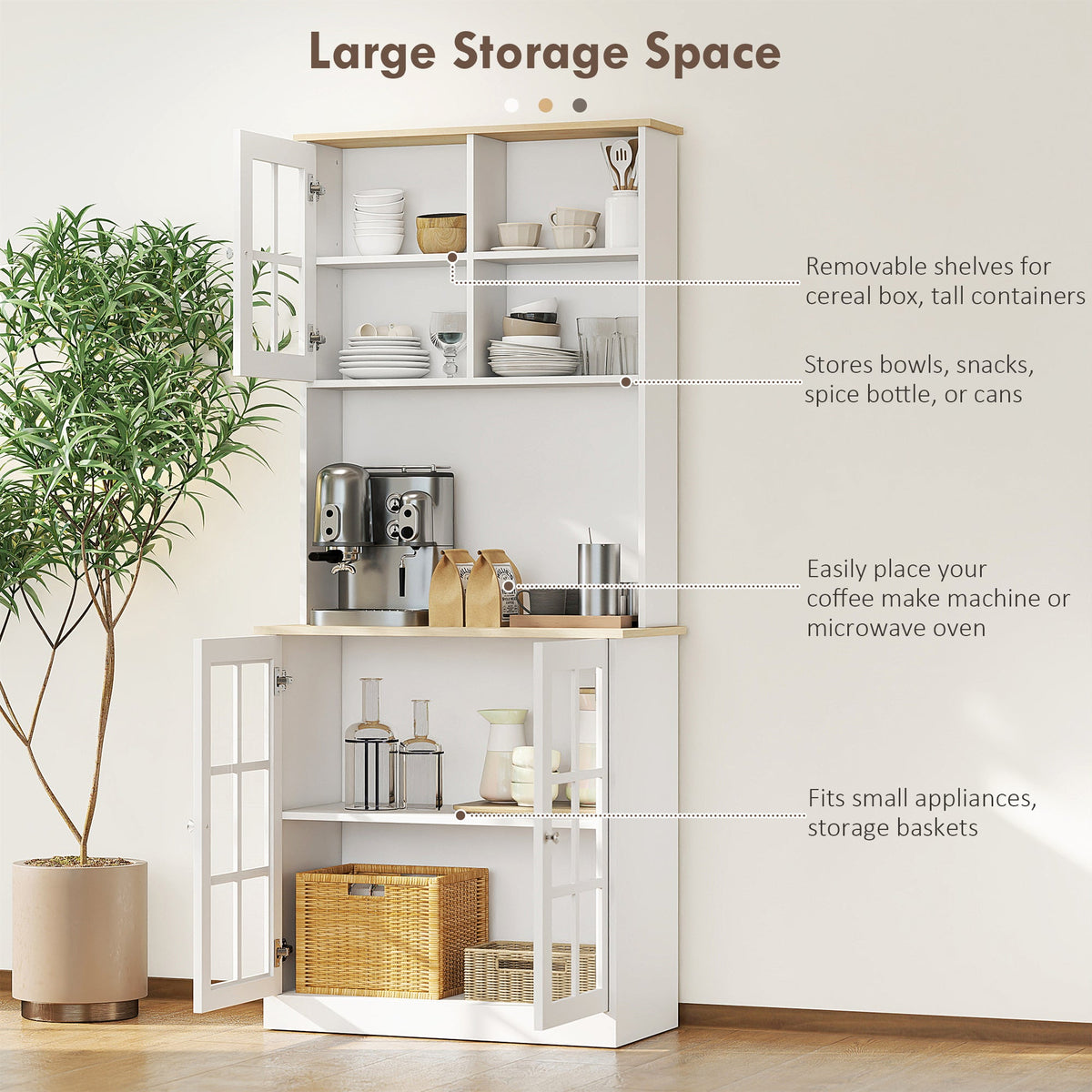HOMCOM Freestanding Kitchen Cupboard, Tall Storage Cabinet with Doors and Adjustable Shelves, Counter Top, Grid Glass Doors, 80L x 37W x 183H cm - White