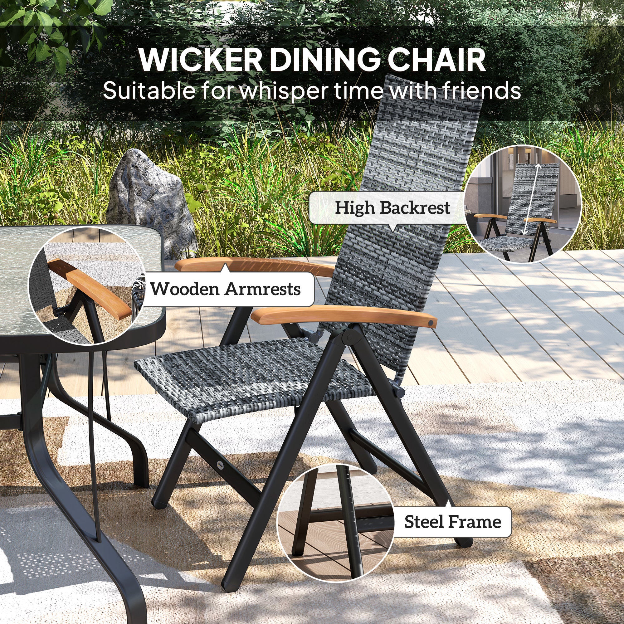 Outsunny Folding Rattan Garden Dining Chair with 5-level Reclining High Back, Wood Armrests for Outdoor, Patio - Light Grey