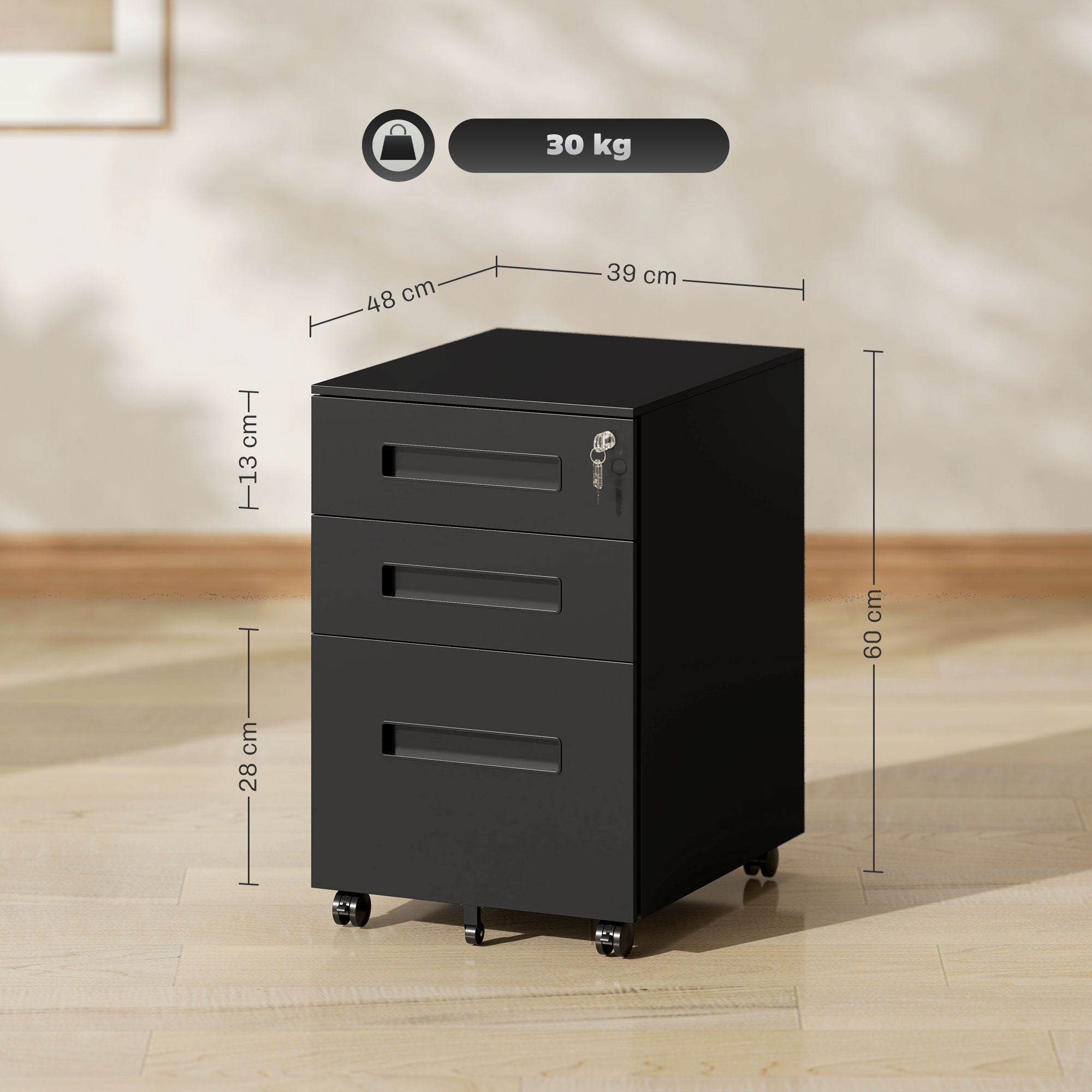 Vinsetto Three-Drawer Steel Filing Cabinet - Black