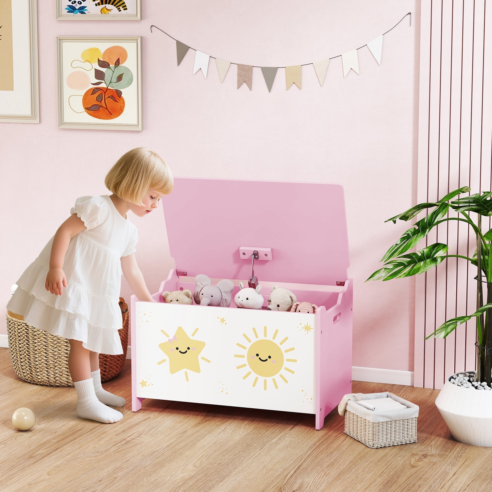 AIYAPLAY Toy Box with Lid, Safety Hinges and Groove Handles, Toy Storage organiser for Kids, Living Room, Playroom, Pink
