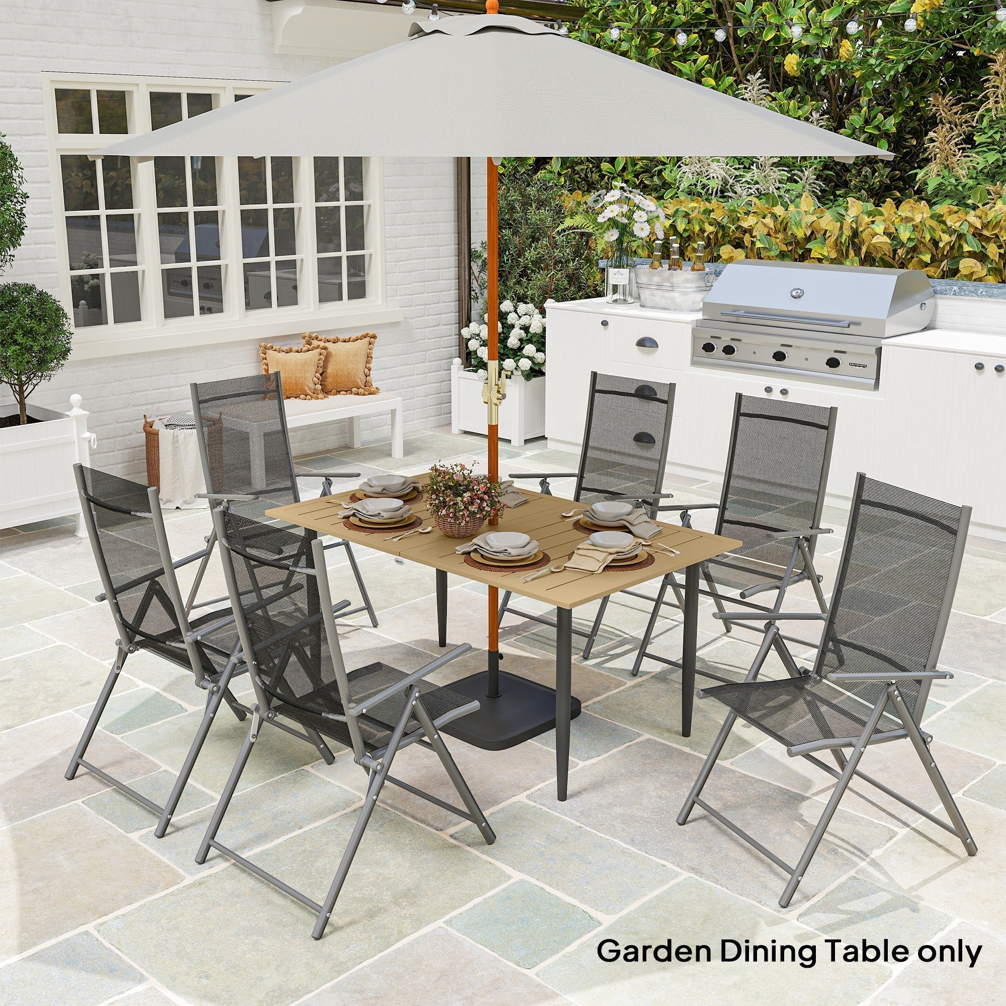 Outsunny Garden Dining Table, 150 x 90 cm Rectangle Outdoor Table with 5 cm Parasol Hole, Slatted Tabletop and Steel Frame for Patio Balcony, (Table Only) Brown