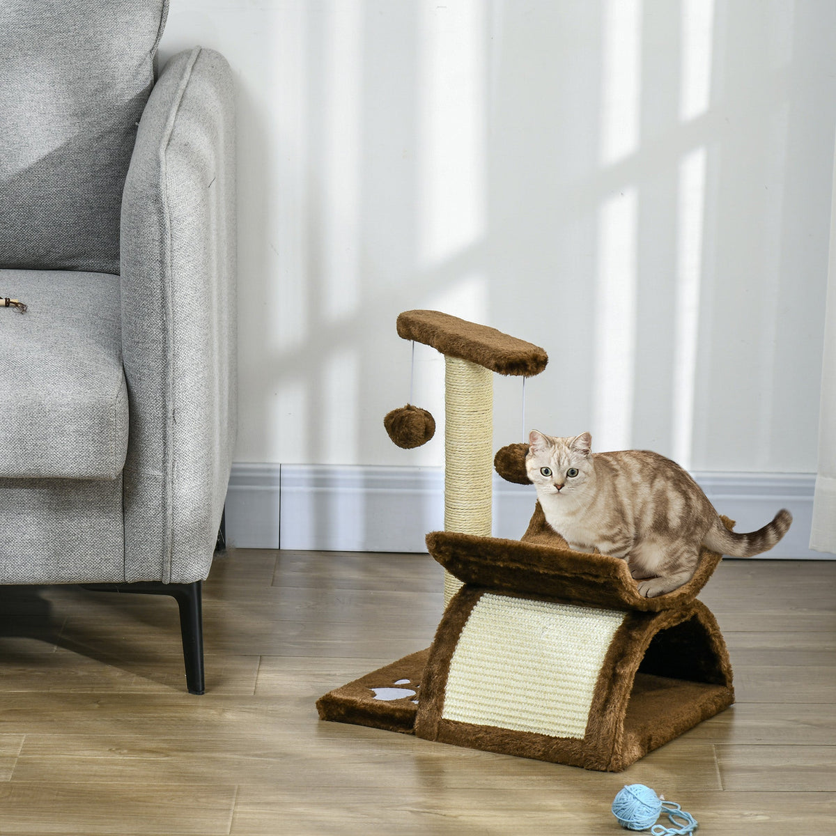 PawHut Cat Tree, Cat Tower for Kittens with Rotatable Top Bar, Sisal Scratching Post, Tunnel, Dangling Balls - Brown