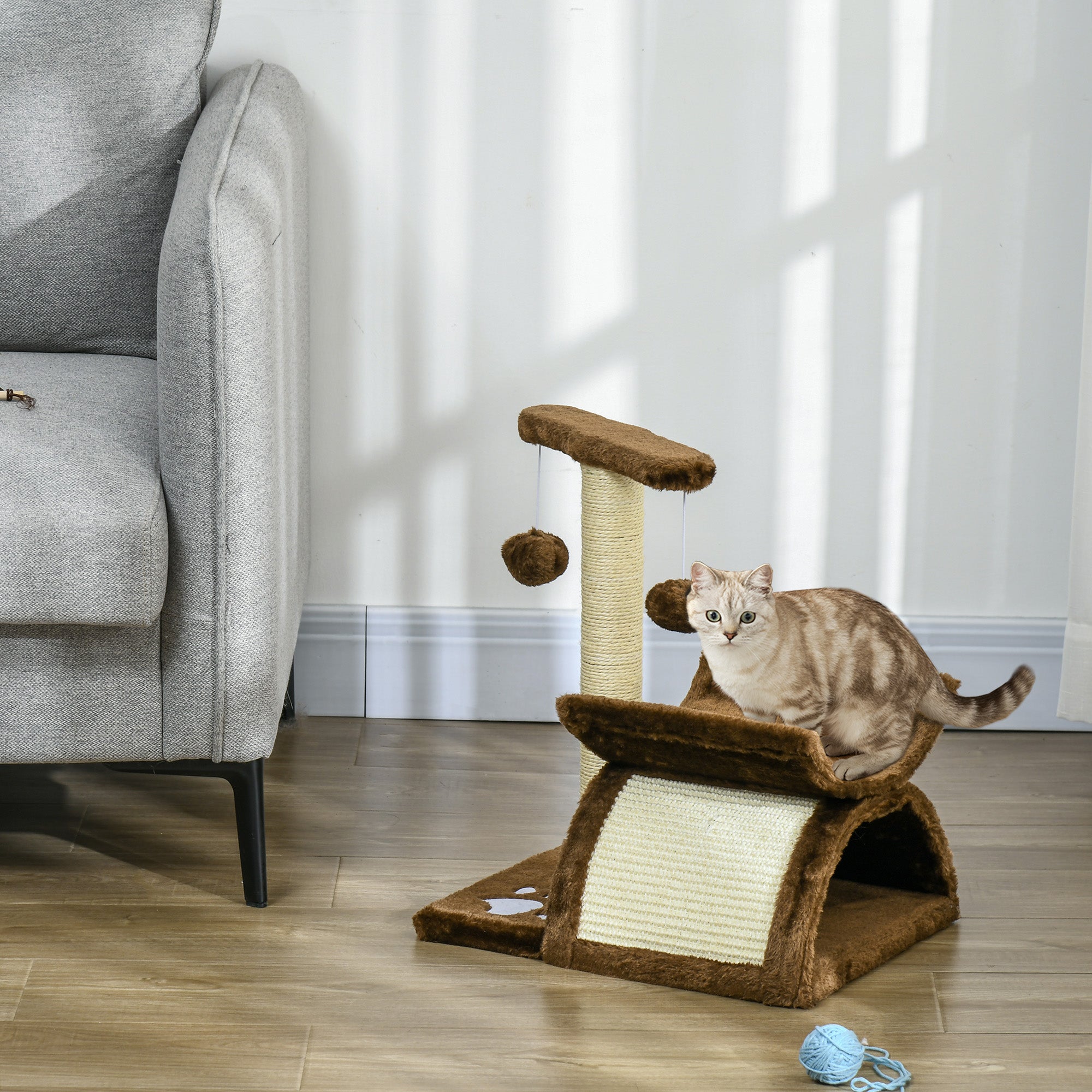 PawHut Cat Tree, Cat Tower for Kittens with Rotatable Top Bar, Sisal Scratching Post, Tunnel, Dangling Balls - Brown