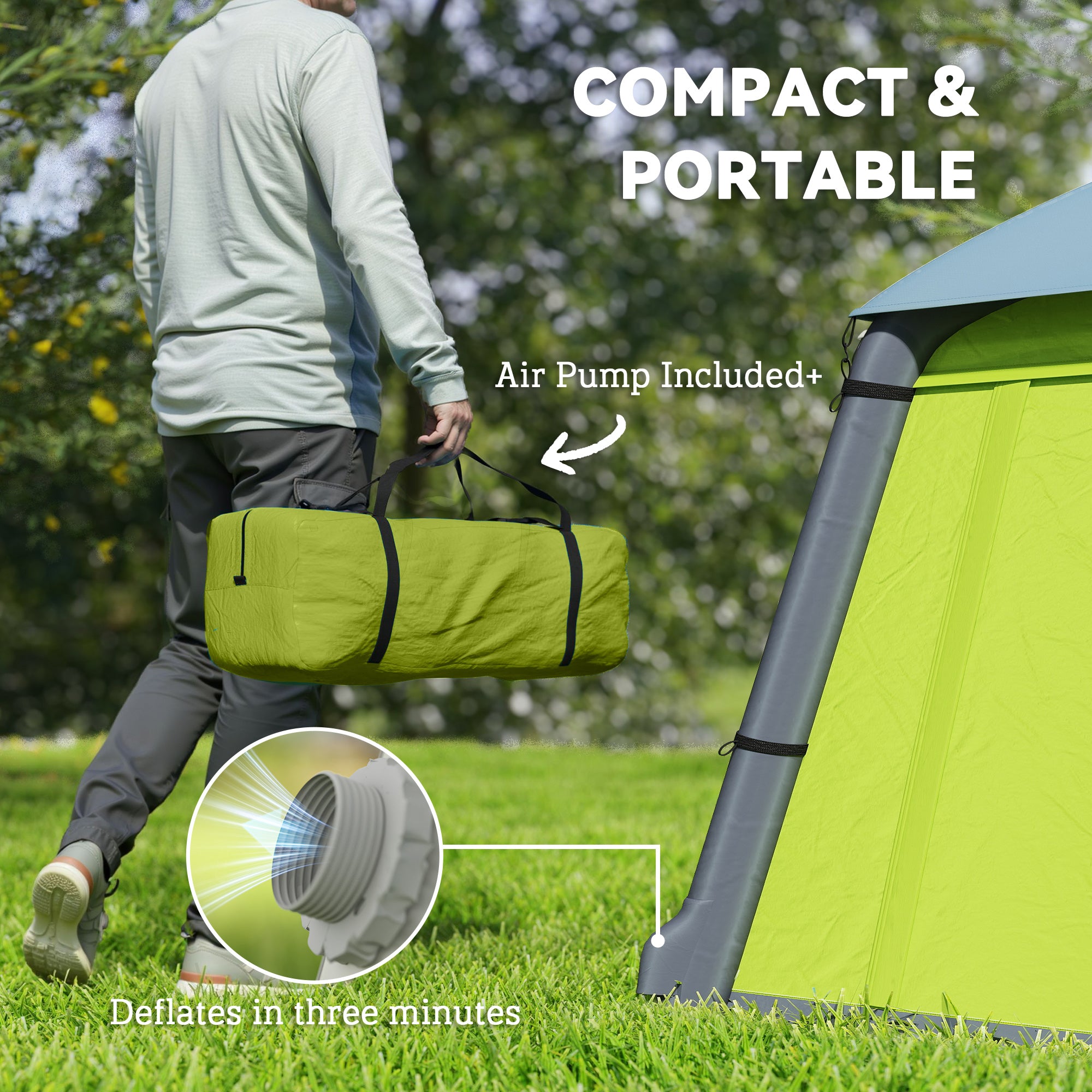 Outsunny Inflatable Camping Tent w/ Hand Pump, Easy Setup 1/2 Person Blow Up Tent Waterproof 190T Taffeta w/ Mesh Windows, Doors and Carry Bag, Green