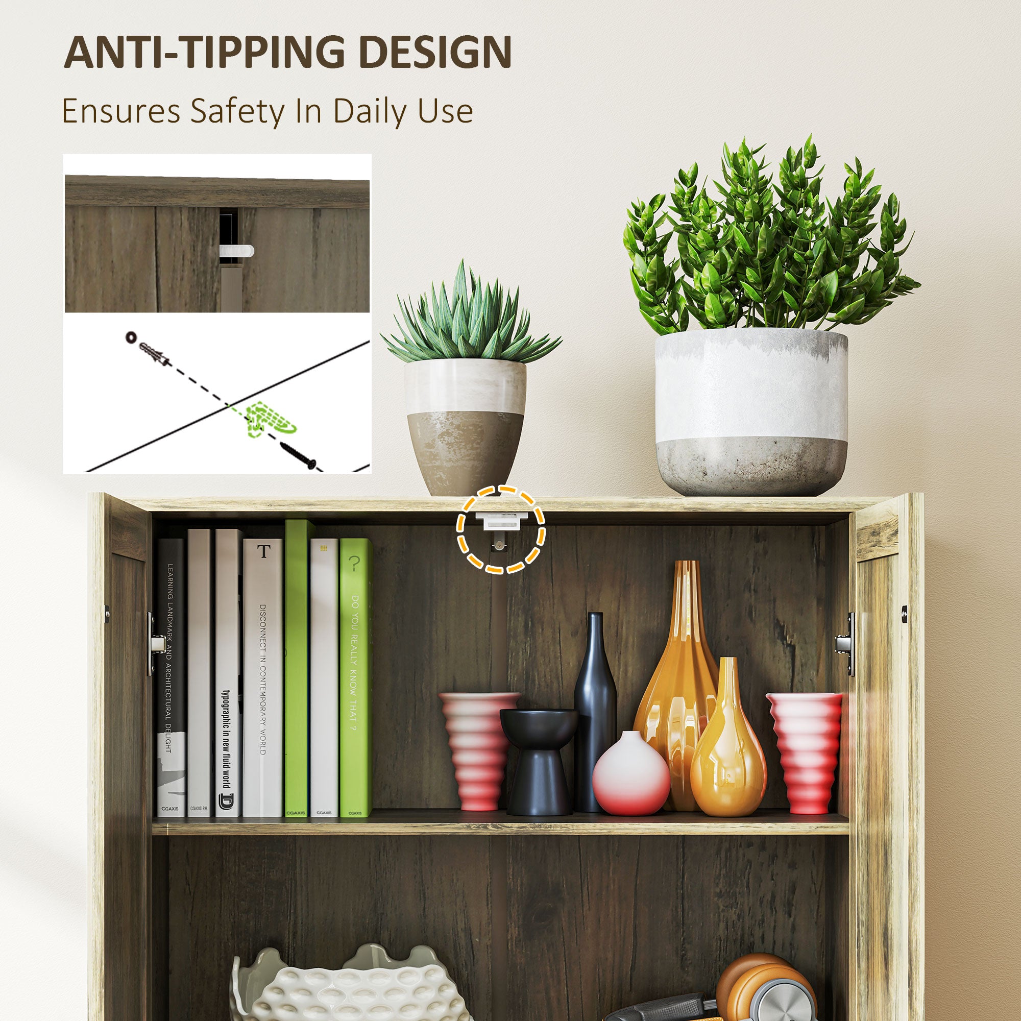 HOMCOM Farmhouse Kitchen Cupboard, Freestanding Kitchen Storage Cabinet with Adjustable Shelves, Tall Storage Cabinet with Recessed Doors, Grey Wood-Effect