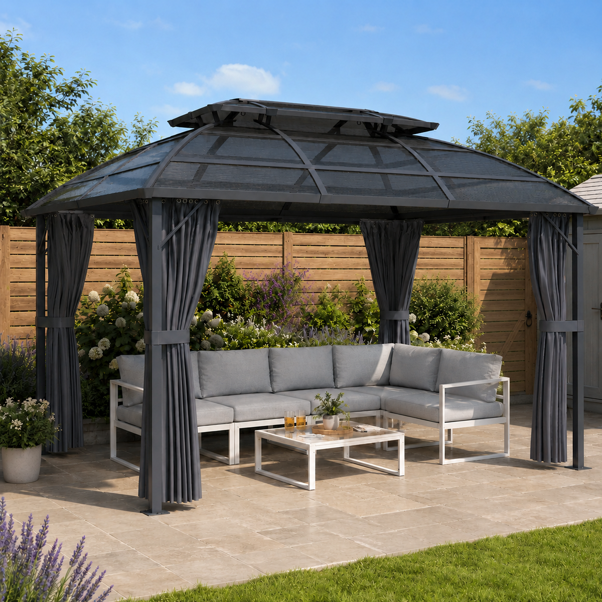 Outsunny 4 x 3m Aluminium Frame Hard Gazebo, with Accessories - Black