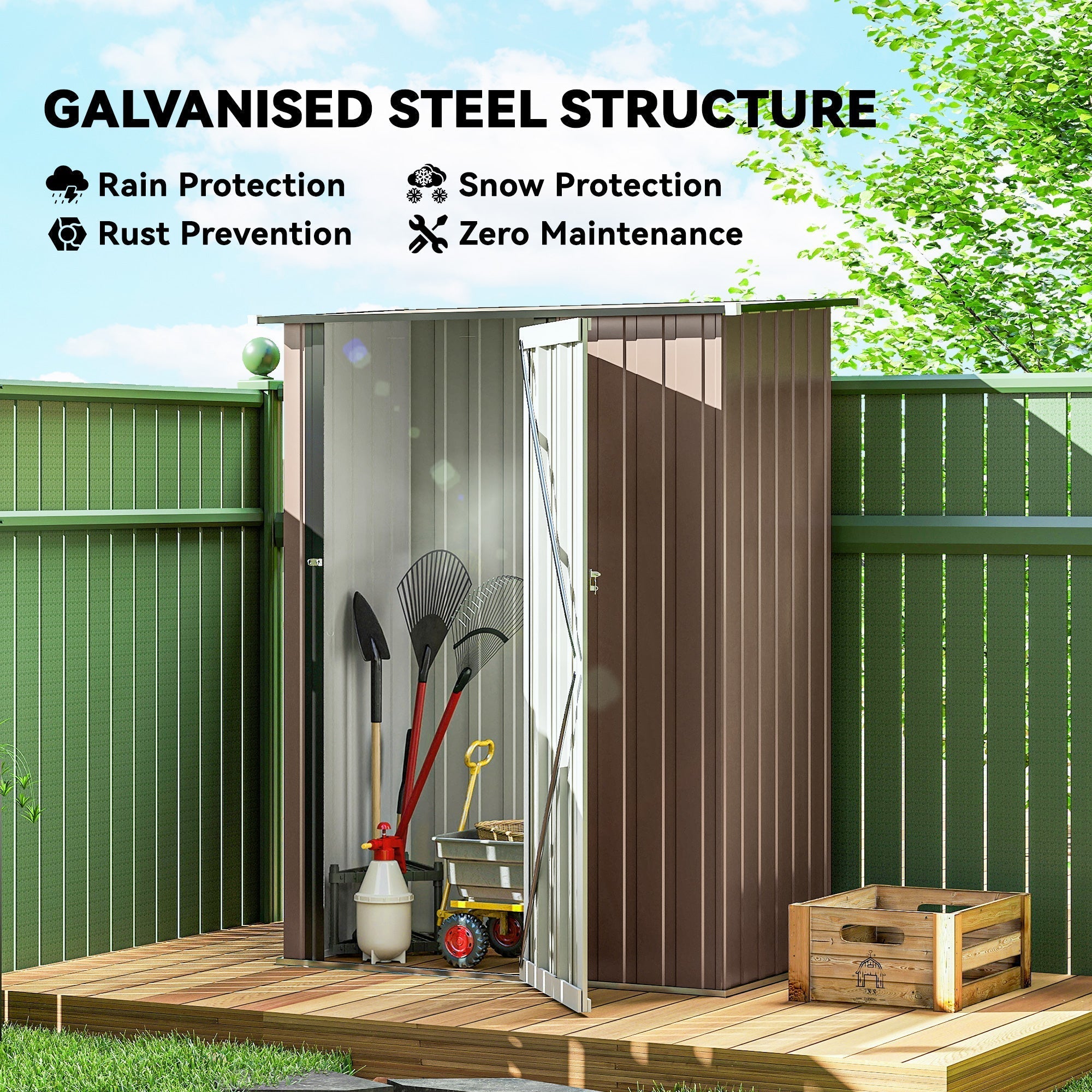 Outsunny 5ft x 3ft Metal Garden Storage Shed, Outdoor Tool Shed with Sloped Roof, Lockable Door for Tools, Equipment, Brown