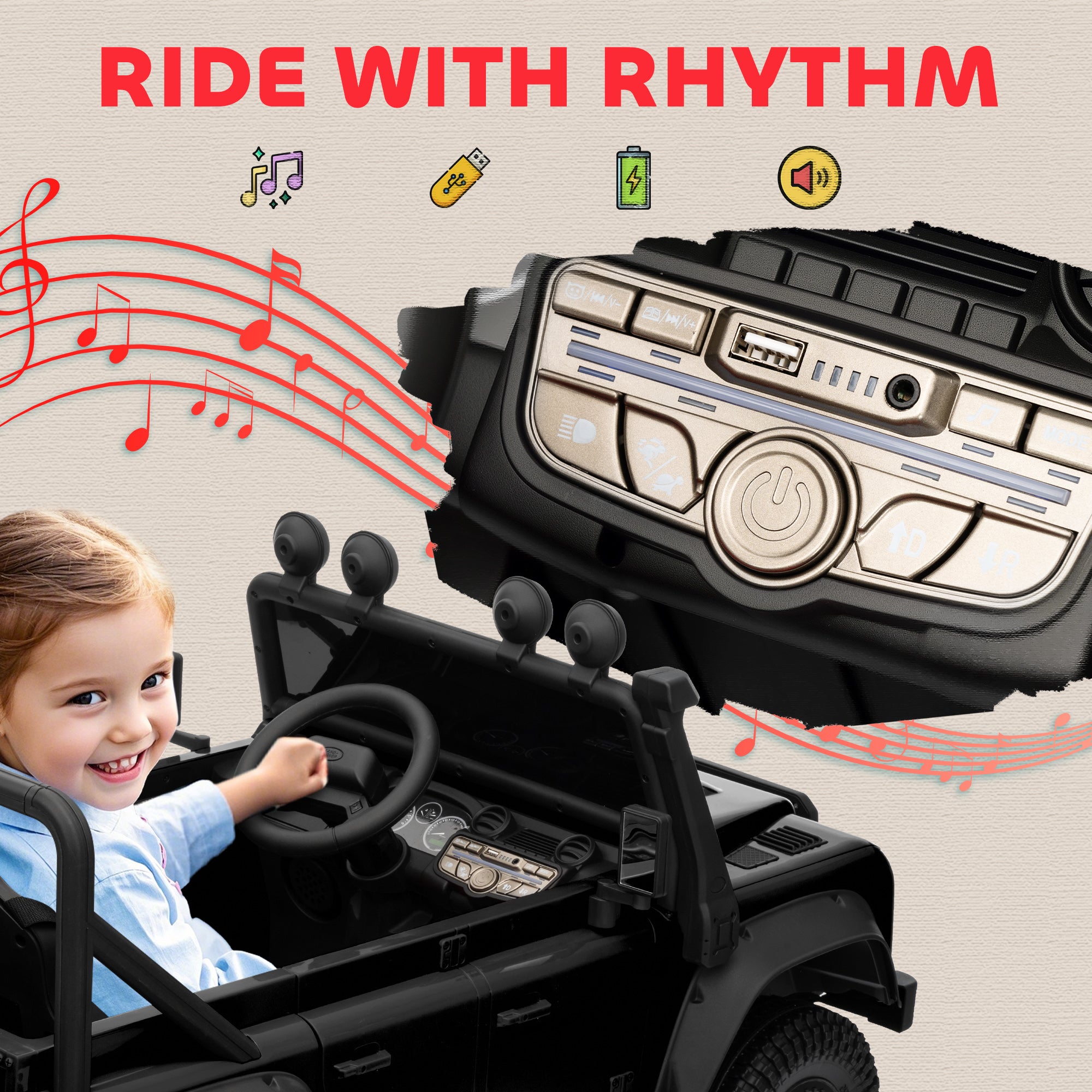 AIYAPLAY Kids Ride On Car with Remote Control, Music, Horn, 4 Spring Suspension Wheels, LED Lights for 3-5 Years Old, Black