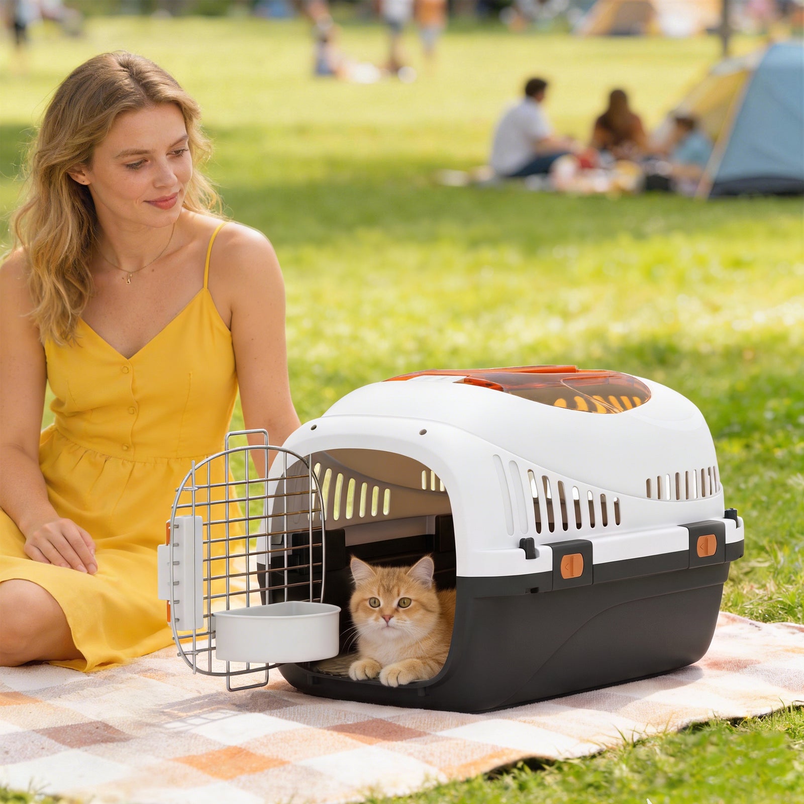 PawHut Plastic Pet Carrier Hard Shell Dog Cat Carrier Max 4 KG Steel Door Feed Bowl Secure Lock 49 x 32 x 31 cm