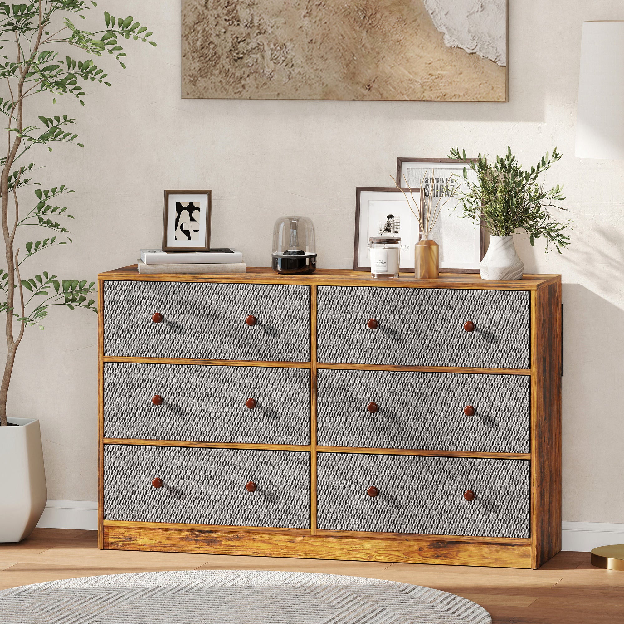 HOMCOM Chest of Drawers, Dresser with 6 Fabric Drawers - Grey and Rustic Brown