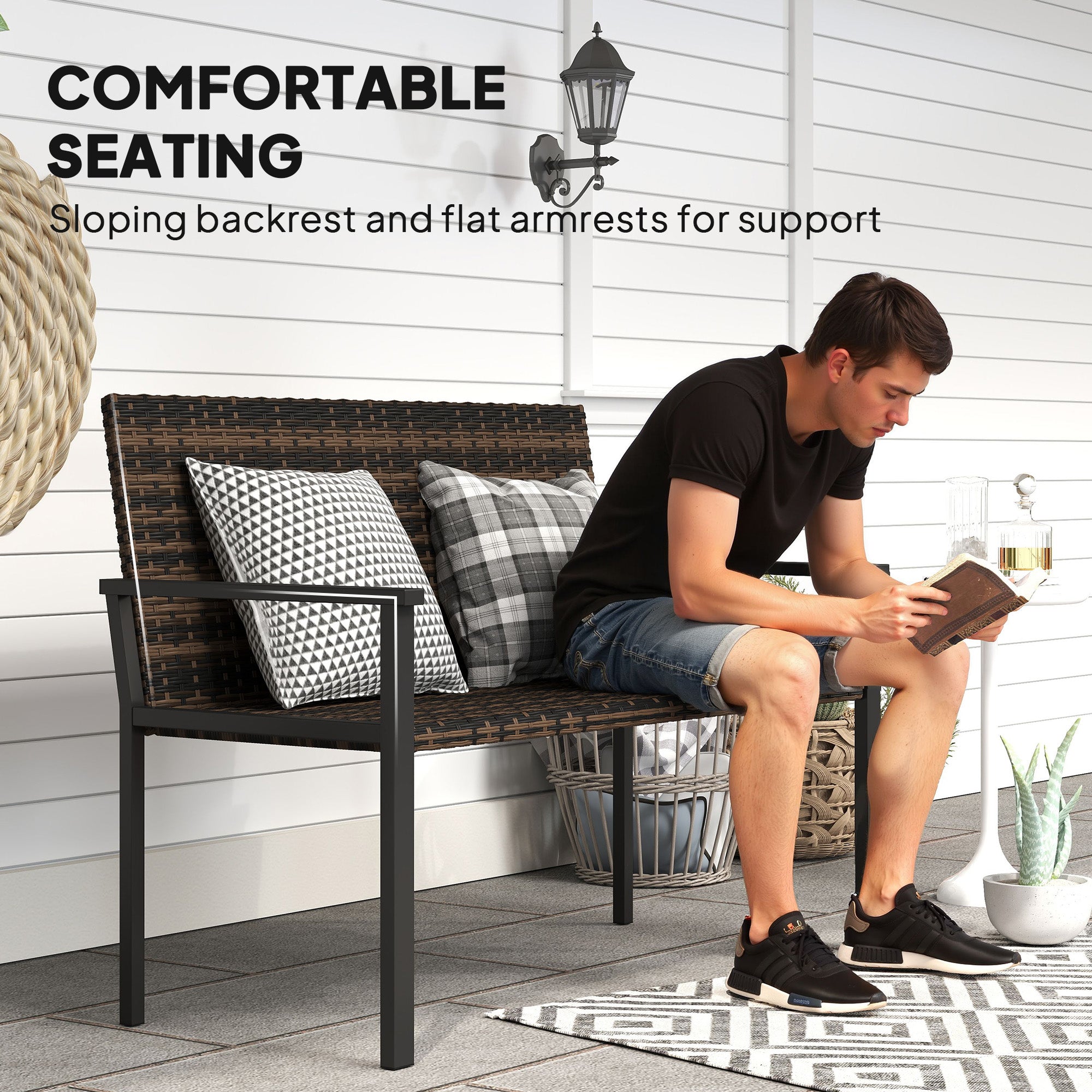 Outsunny 2 Seater Rattan Garden Bench, Outdoor Bench with Quick-Drying Cotton Padding, Wicker Garden Loveseat with Armrests, Steel Frame for Patio, Park, Mixed Brown