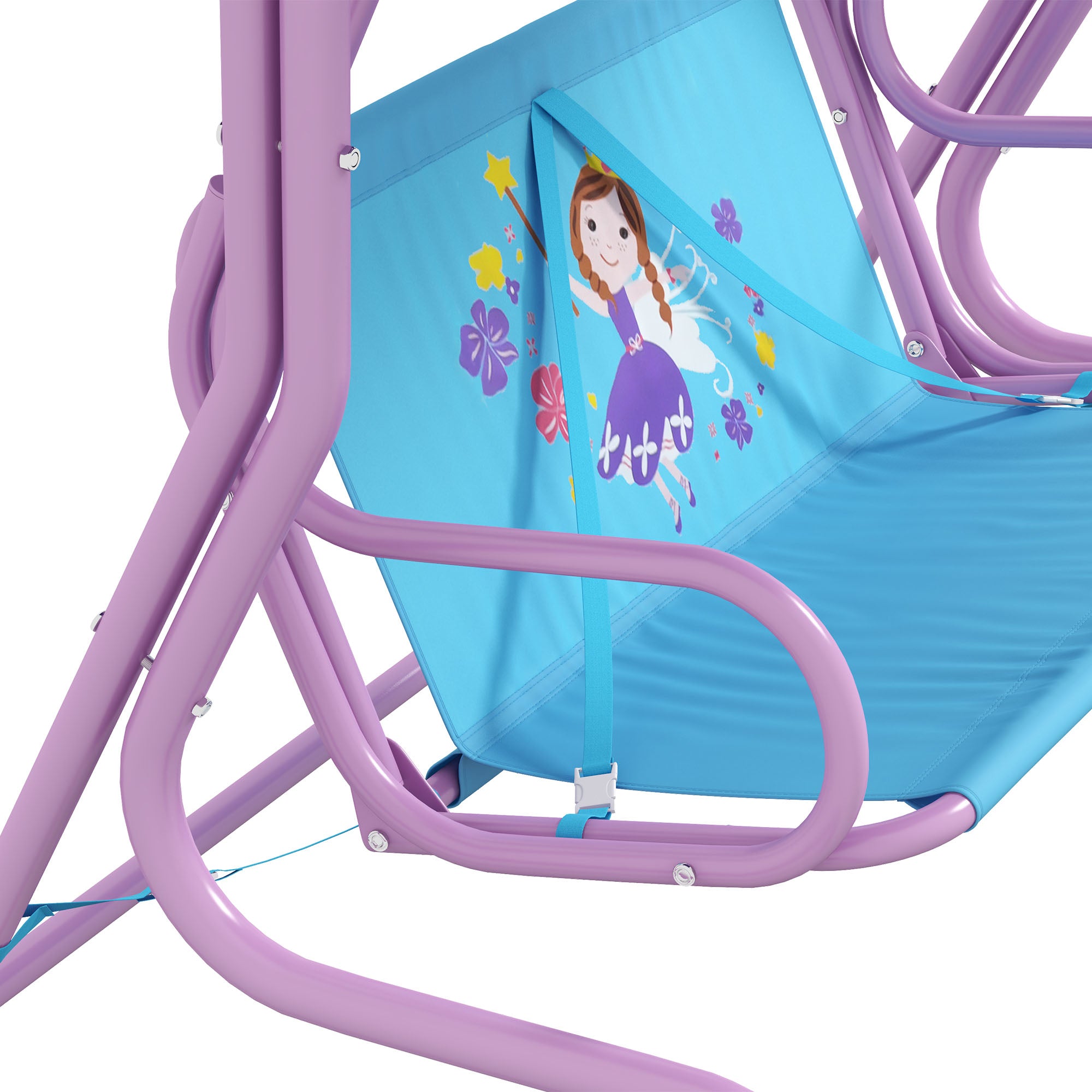 Outsunny Two Seater Kids Garden Swing, Fairy Themed kids Swing Chair with Adjustable Canopy, Safety Belts for Outdoor Use