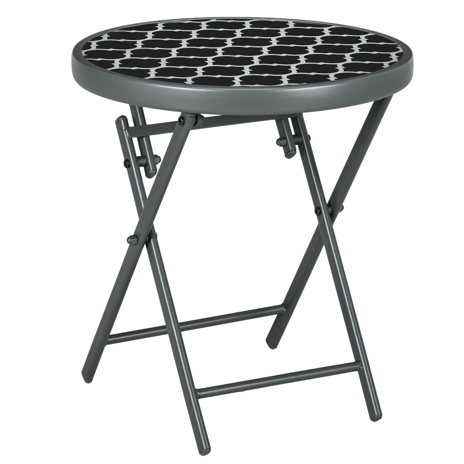 Outsunny Φ45cm Garden Side Table, Outdoor Round Folding Patio Table with Imitation Marble Glass Top, Small Coffee Table, Black and White