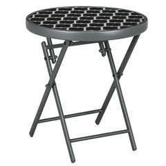 Outsunny Φ45cm Garden Side Table, Outdoor Round Folding Patio Table with Imitation Marble Glass Top, Small Coffee Table, Black and White