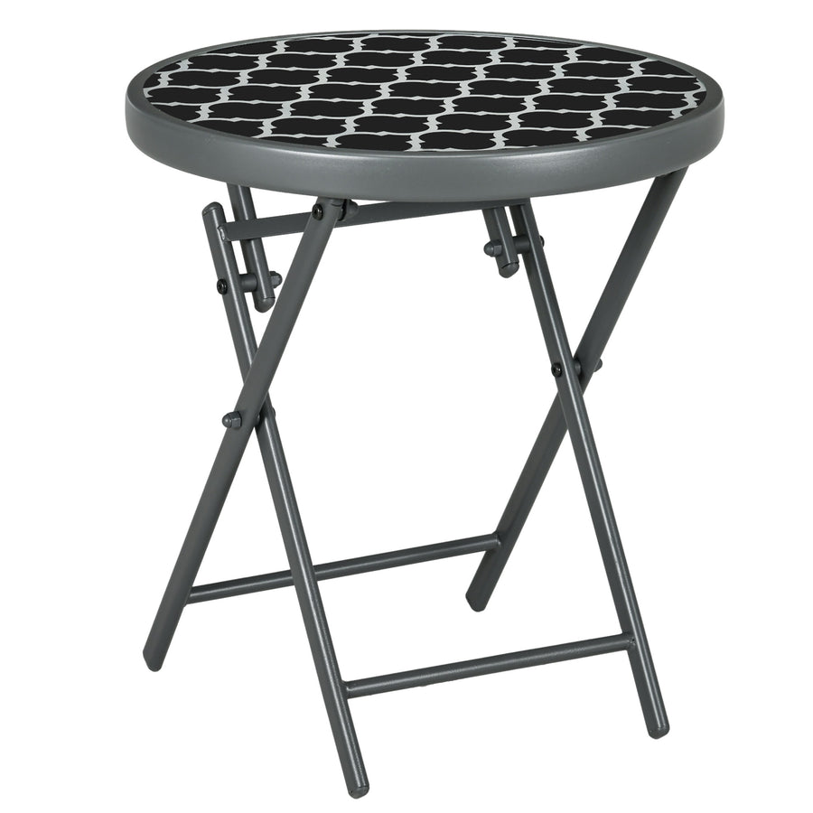 Outsunny Φ45cm Garden Side Table, Outdoor Round Folding Patio Table with Imitation Marble Glass Top, Small Coffee Table, Black and White