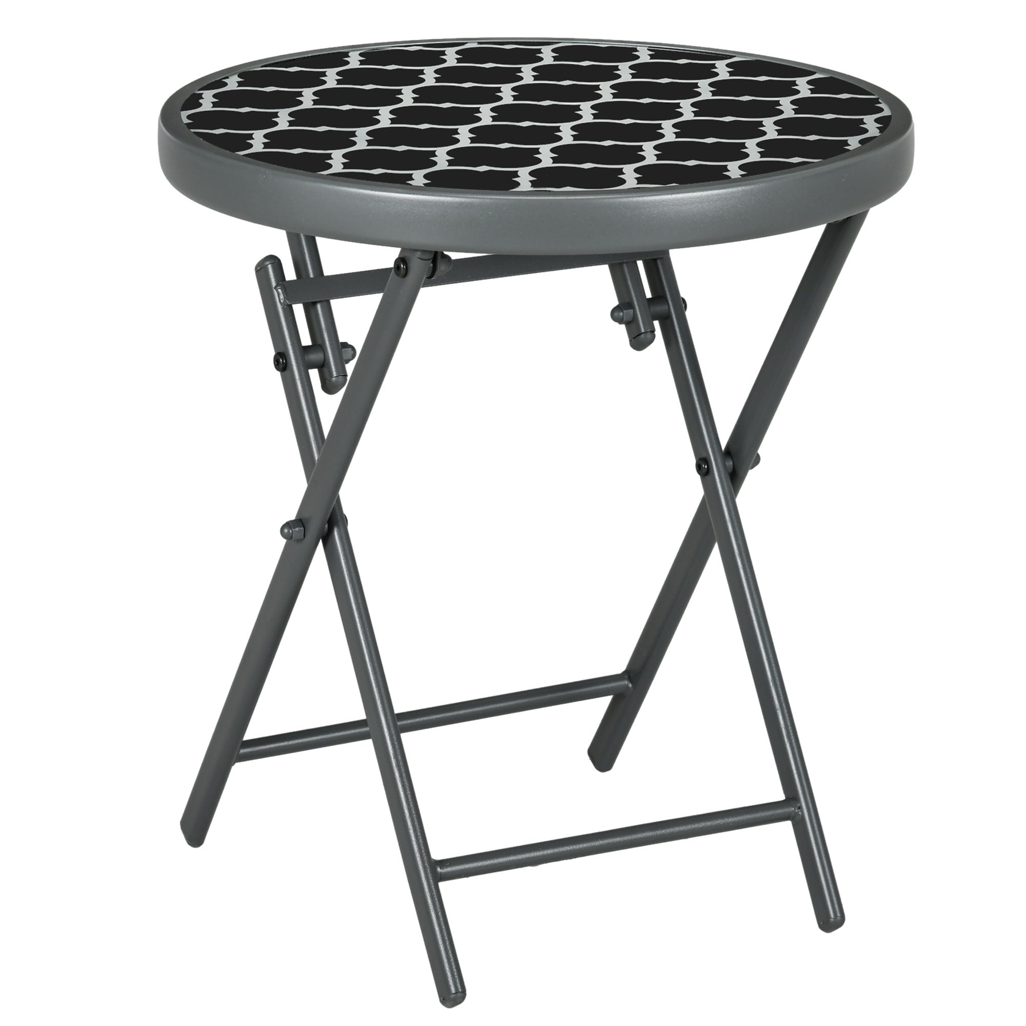 Outsunny a45cm Garden Side Table, Outdoor Round Folding Patio Table with Imitation Marble Glass Top, Small Coffee Table, Black and White
