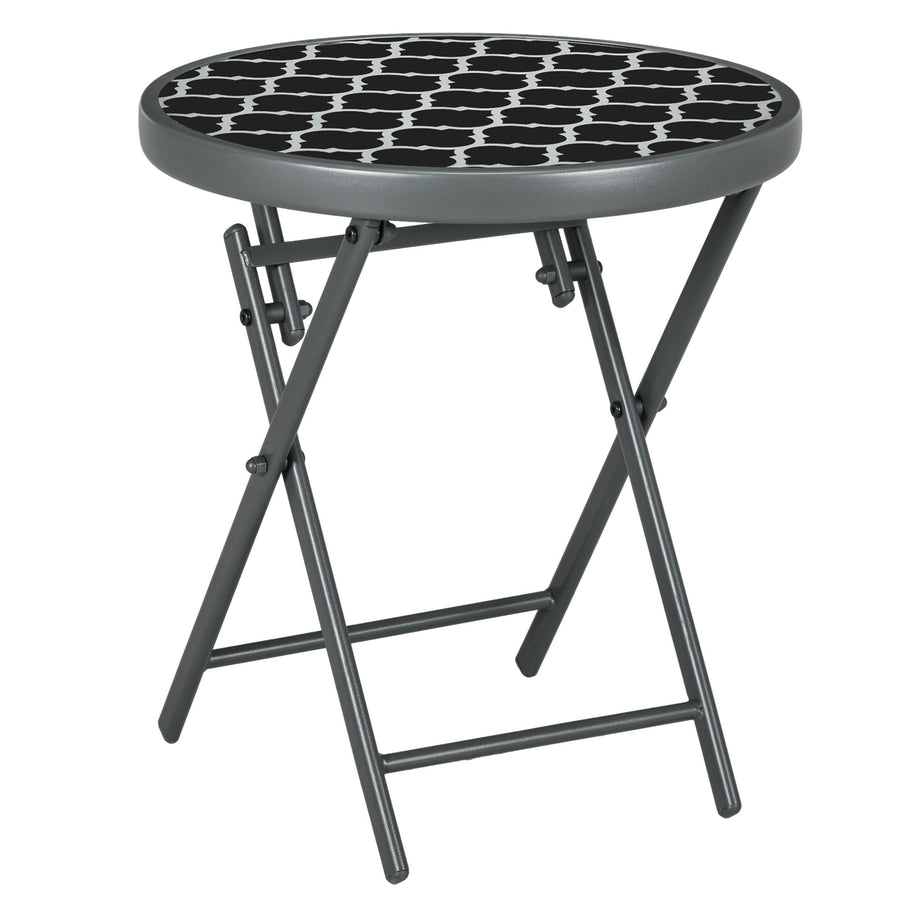 Outsunny a45cm Garden Side Table, Outdoor Round Folding Patio Table with Imitation Marble Glass Top, Small Coffee Table, Black and White