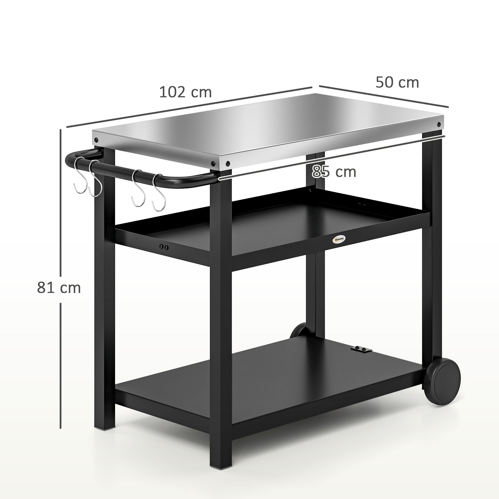 Outsunny Outdoor Grill Dining Cart 3-Shelf Movable Pizza Oven Table Stand with Stainless Steel Top, Portable BBQ Trolley Food Prep Outdoor Kitchen Barbecue Station with Hooks Wheels, Charcoal Grey