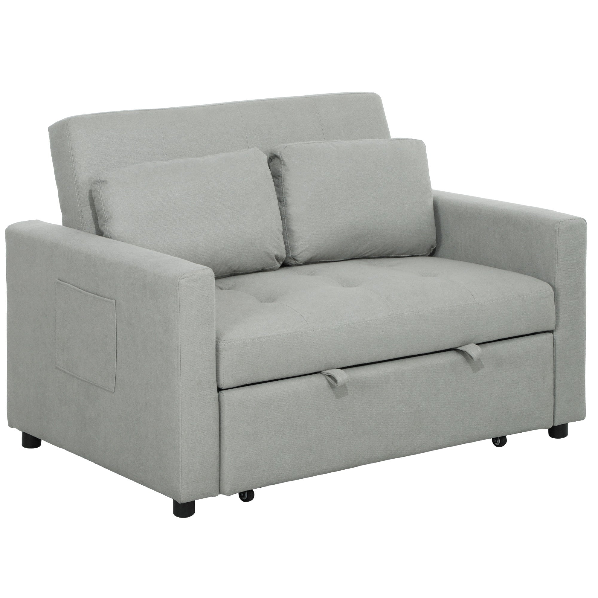 HOMCOM Loveseat Sofa Bed, Convertible Bed Settee with 2 Pillows, Side Pockets, Light Grey