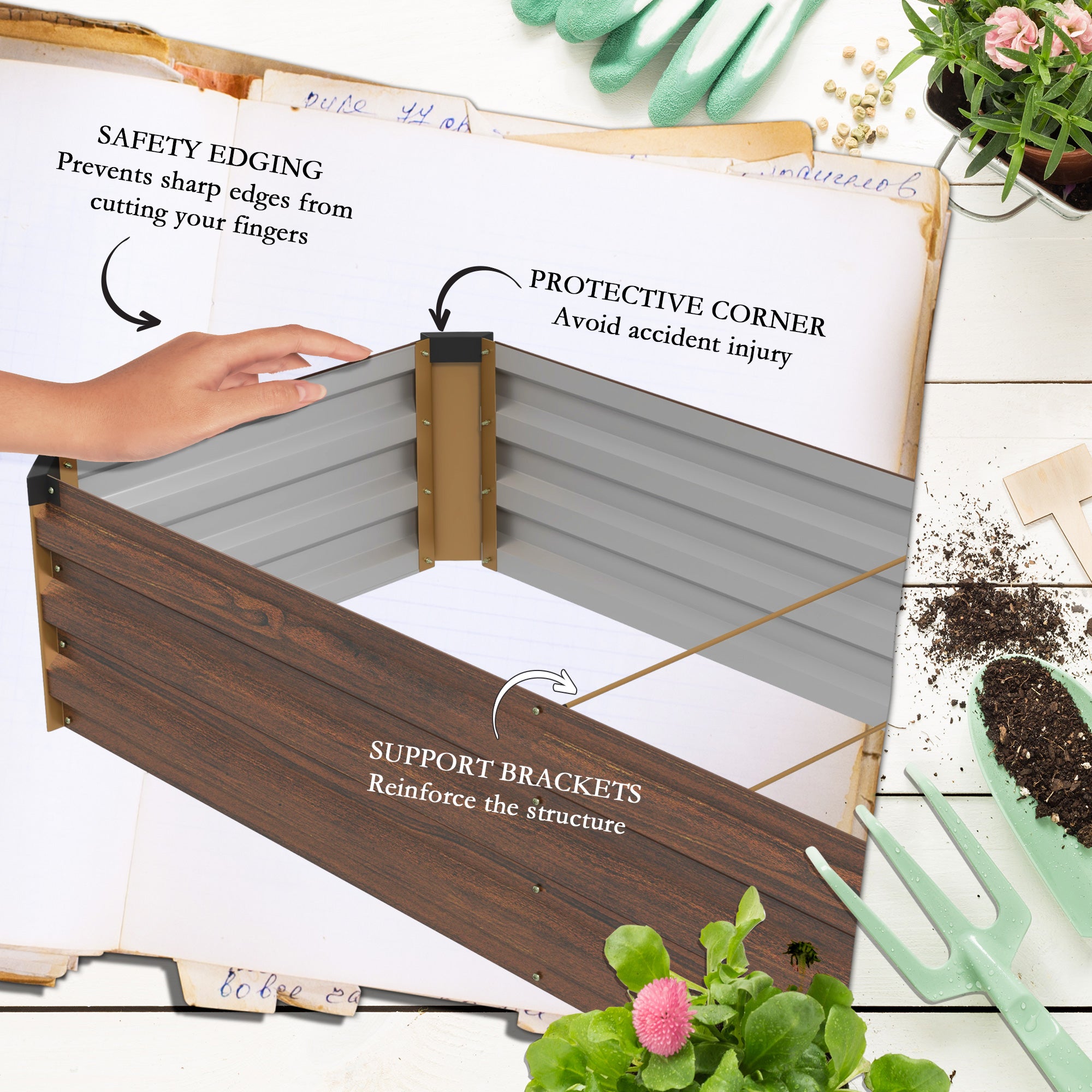 Outsunny 60 x 240cm Galvanised Steel Planter, with Open Bottom, Brown