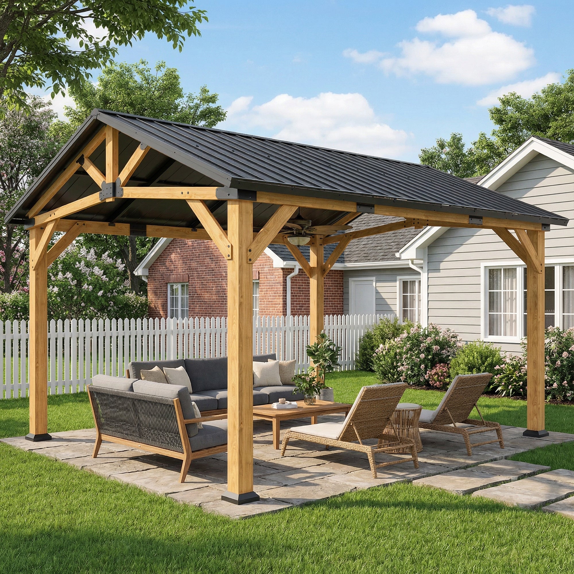 Outsunny 3.5 x 4 m Hardtop Gazebo Canopy with Galvanised Metal Roof, Fir Wood Frame and Hook for Patio, Garden, Black Grey