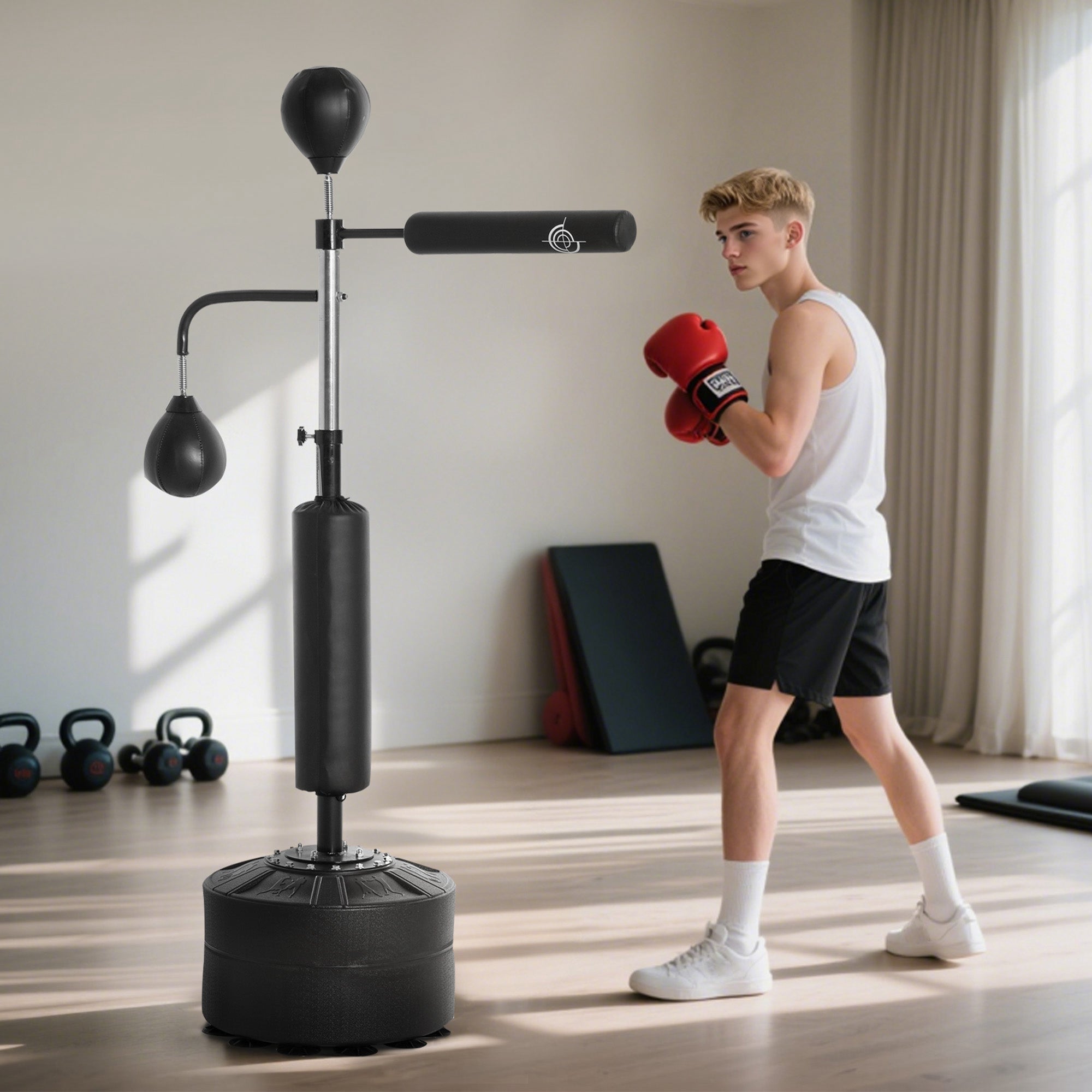 HOMCOM 4-in-1 Boxing Punching Bag, Freestanding with 2 Speed Bals, 360 Reflex Bar, 160-230cm Adjustable Height, Black