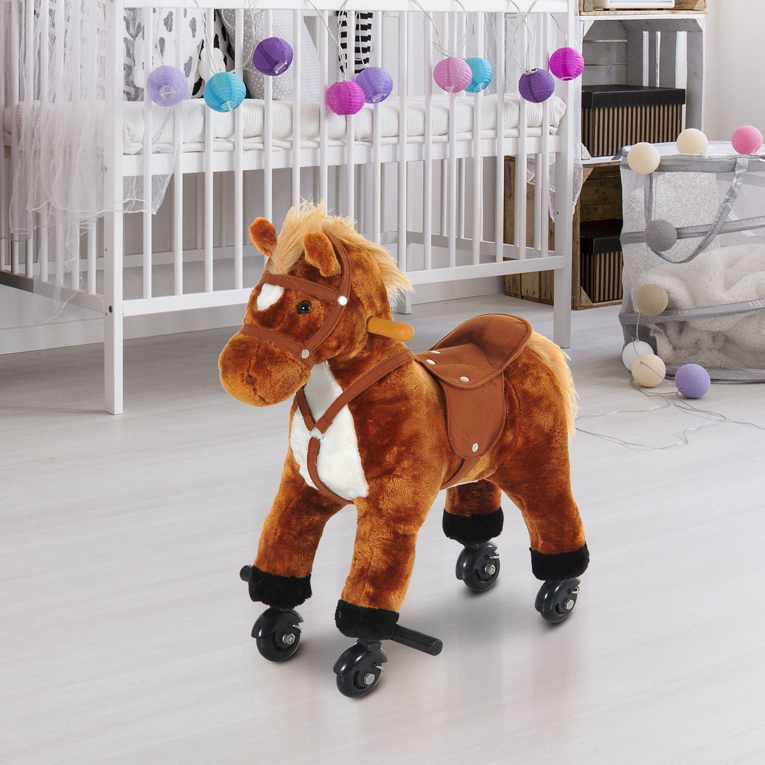 HOMCOM Rocking Horse Kids Ride on Walking Horse Animal Pony Wheeled Riding Plush Toy w/Sound for 2 Years and Up (Brown)