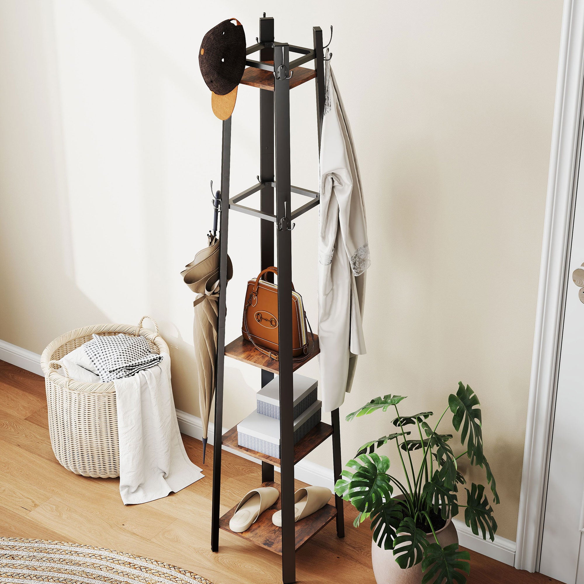 HOMCOM Industrial Coat Stand with 8 Hooks and 4 Shelves - Rustic Brown