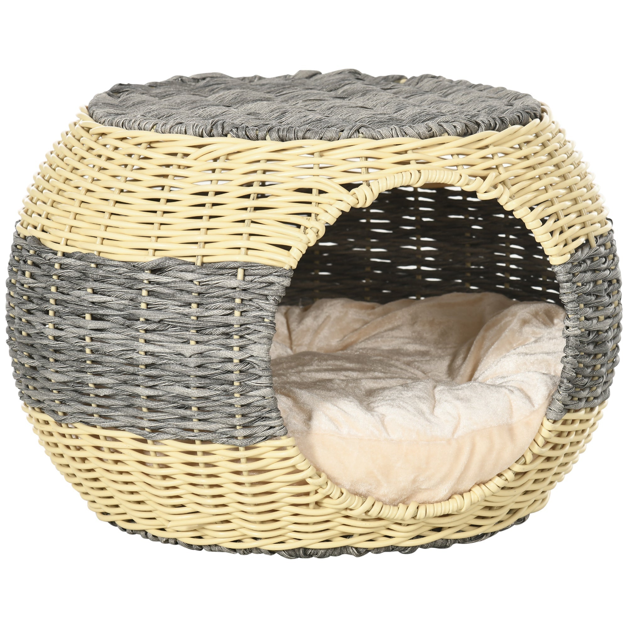 PawHut Wicker Cat House, Rattan Raised Cat Bed, Cosy Kitten Cave with Soft Washable Cushion, â40 x 30cm