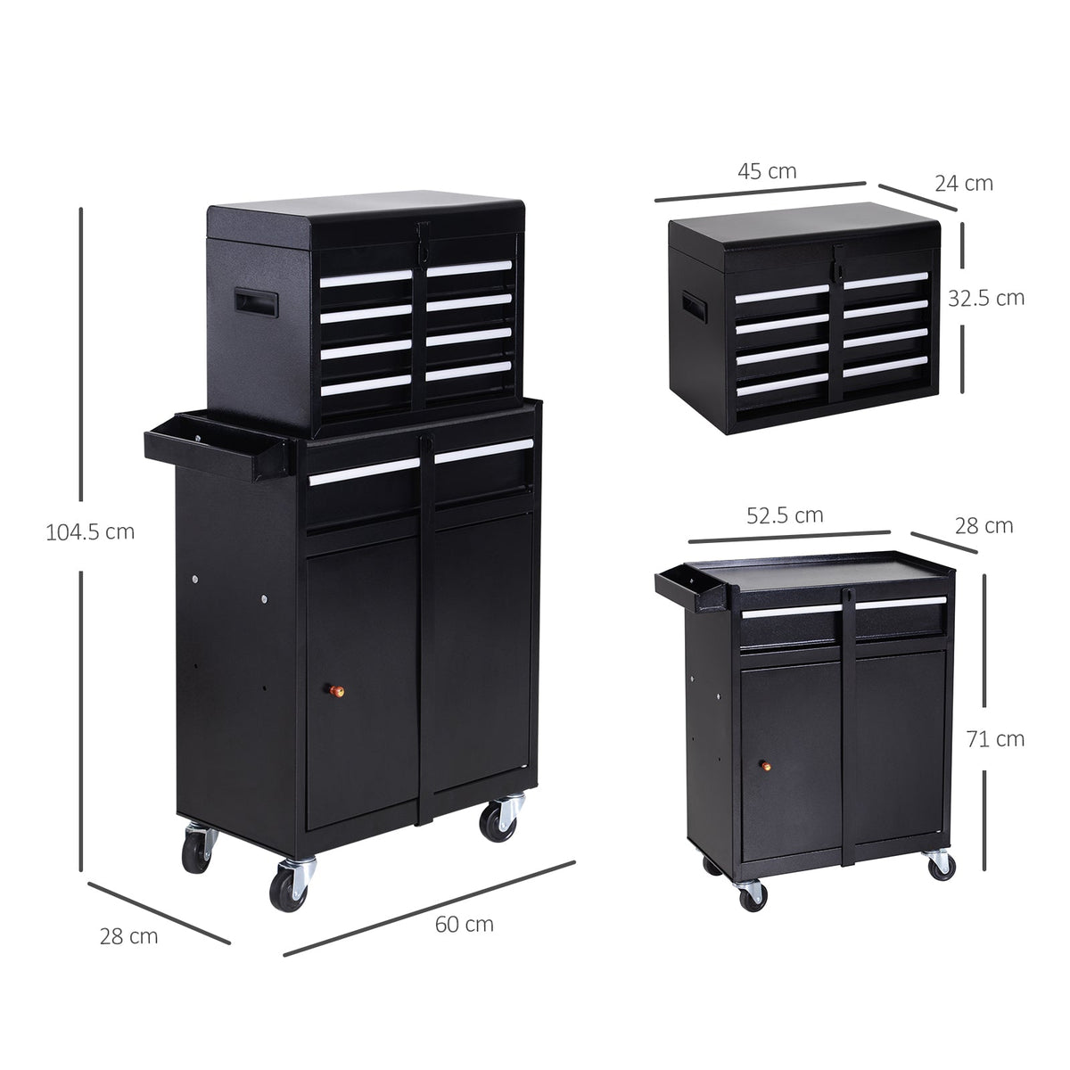 DURHAND Tool Chest 2 in 1 Metal Tool Cabinet Storage Box with 5 Drawers Pegboard Wheels 60x28x104.5cm Black - product image 3