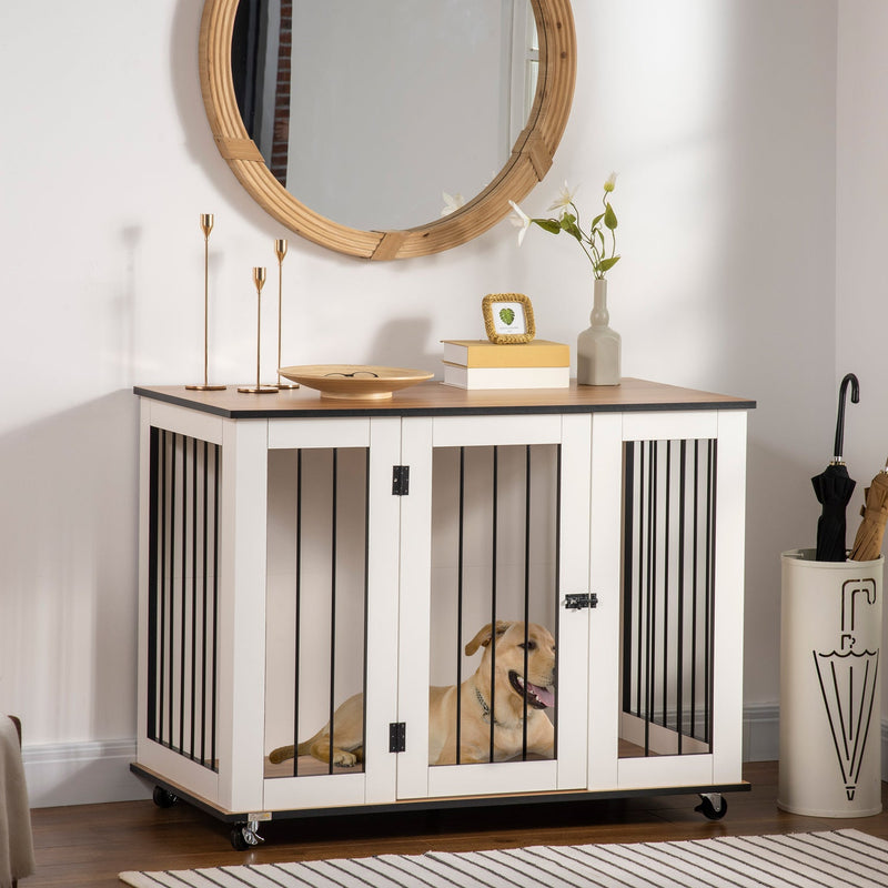 PawHut Dog Crate Furniture with Wheels, Dog Cage End Table for Medium Dogs, with Lockable Door, White, 106W x 60D x 82H