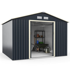 Outdoor Storage Shed 9.1x6.3 FT with Extension Kit & Sliding Door for Garden Backyard-Grey
