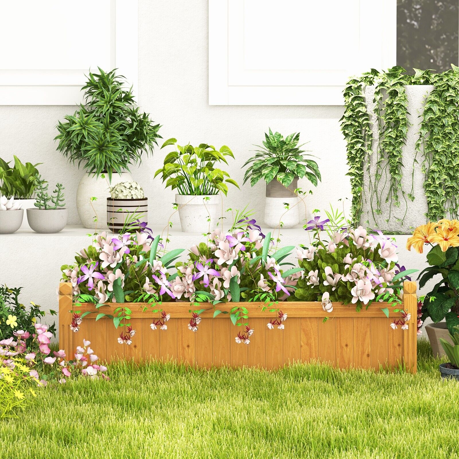 Wooden Raised Garden Bed with Drainage System-Natural