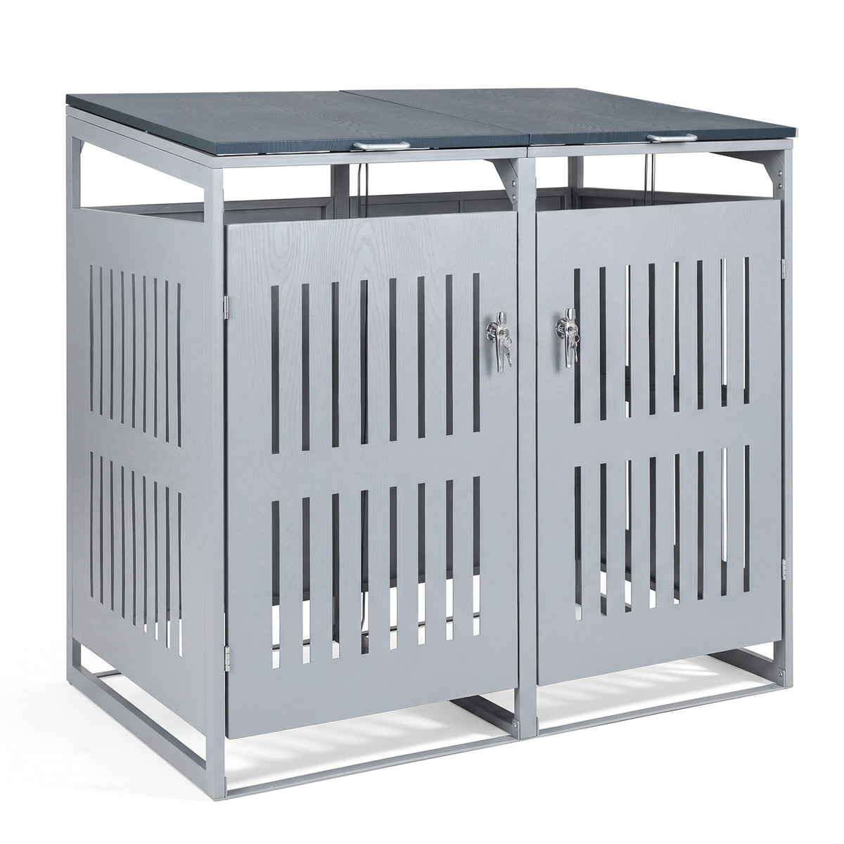 Outdoor Trash Can Storage Shed for 2 Bins with Gas Struts and Lockable Grilled Doors-Silver