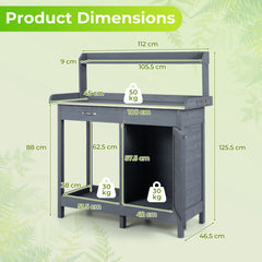 Garden Potting Bench with Stainless Steel Top and Lockable Cabinet for Yard-Grey