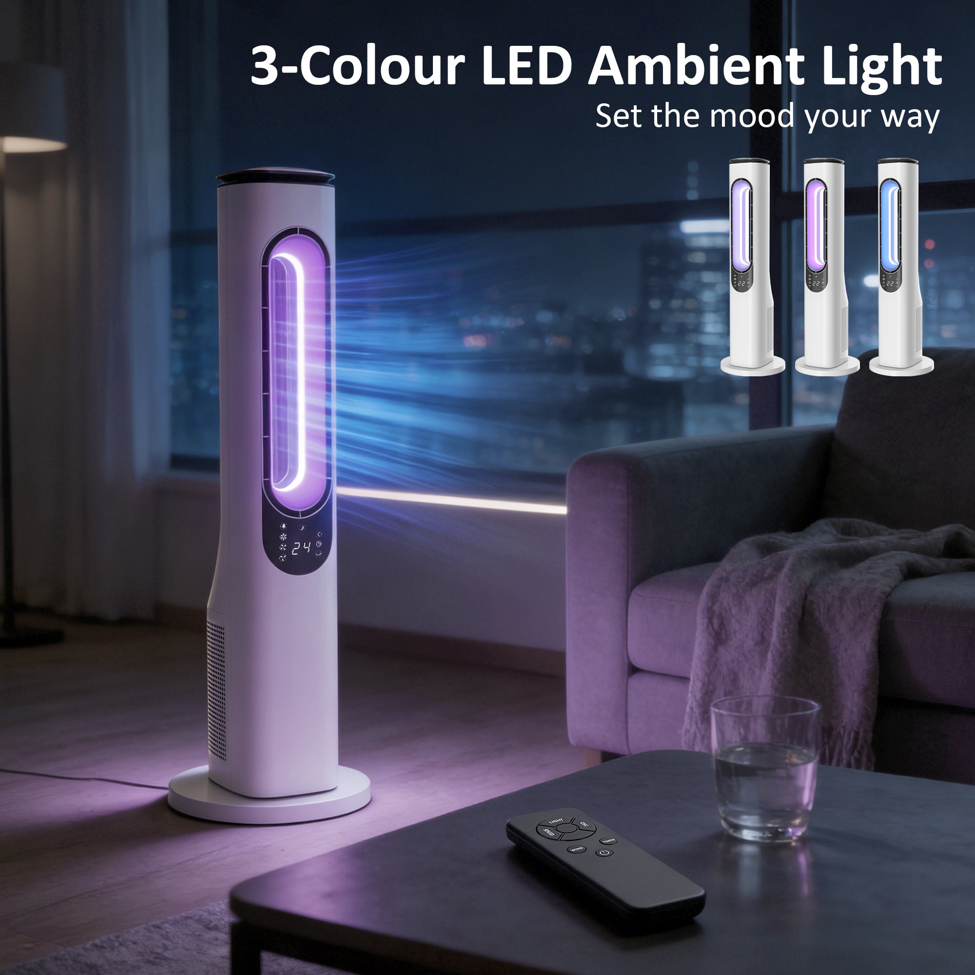 HOMCOM Bladeless Tower Fan for Bedroom, 35dB Standing Cooling Fan with 50Â° Oscillating, LED Lights, 3 Speeds, 15H Timer, White