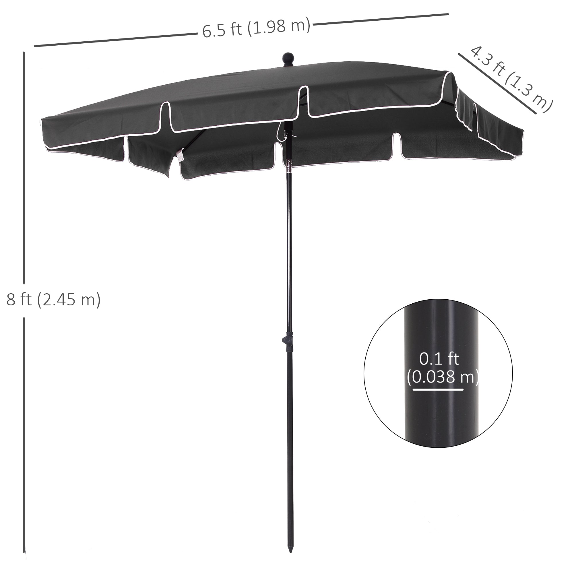 Outsunny Garden Parasol Umbrella, Outdoor Market Table Umbrella with Ruffles & Aluminium Pole, Rectangular Tilting Parasol Sun Shade Canopy, 2 x 1.3m, Grey