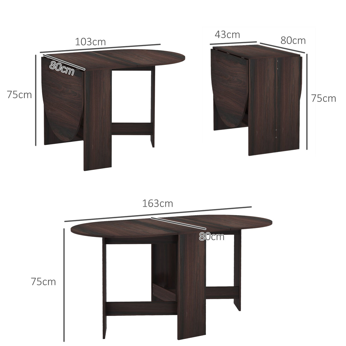 HOMCOM Folding Dining Table, Drop Leaf Table for Small Spaces, Oval Tabletop for Dining Room, Chocolate Wood Effect - product